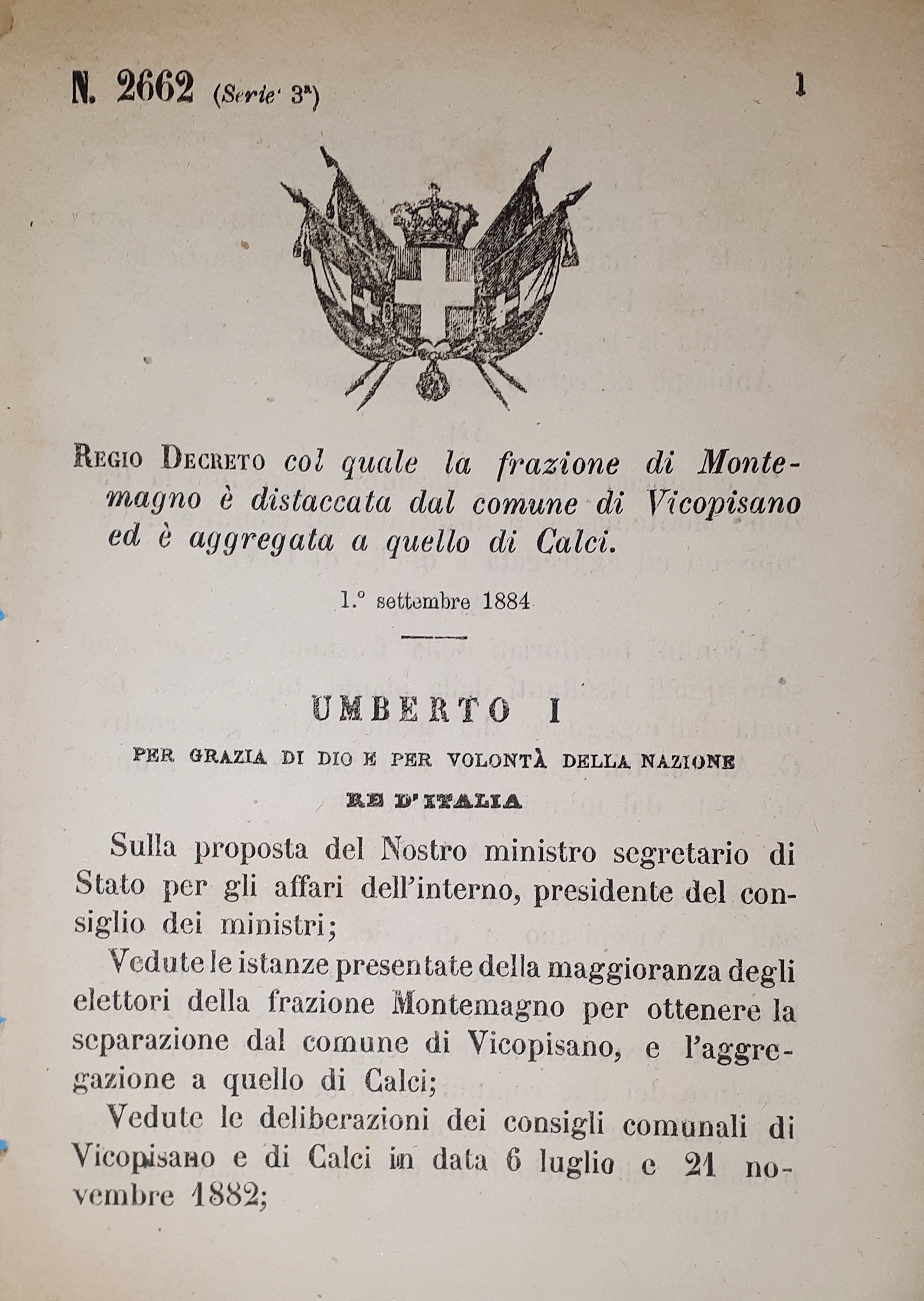 Decreto Regno Italia - Frazione Montemagno è aggregata a comune …