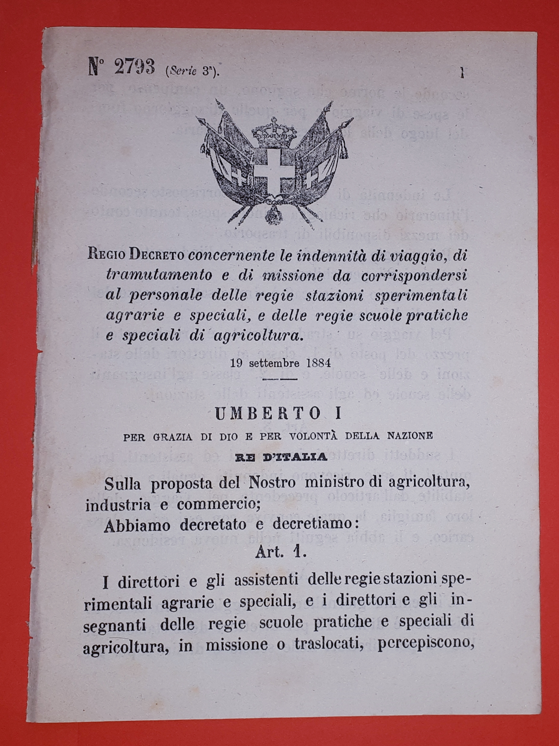 Decreto Regno Italia - Indennità viaggio e misssioni per stazioni …