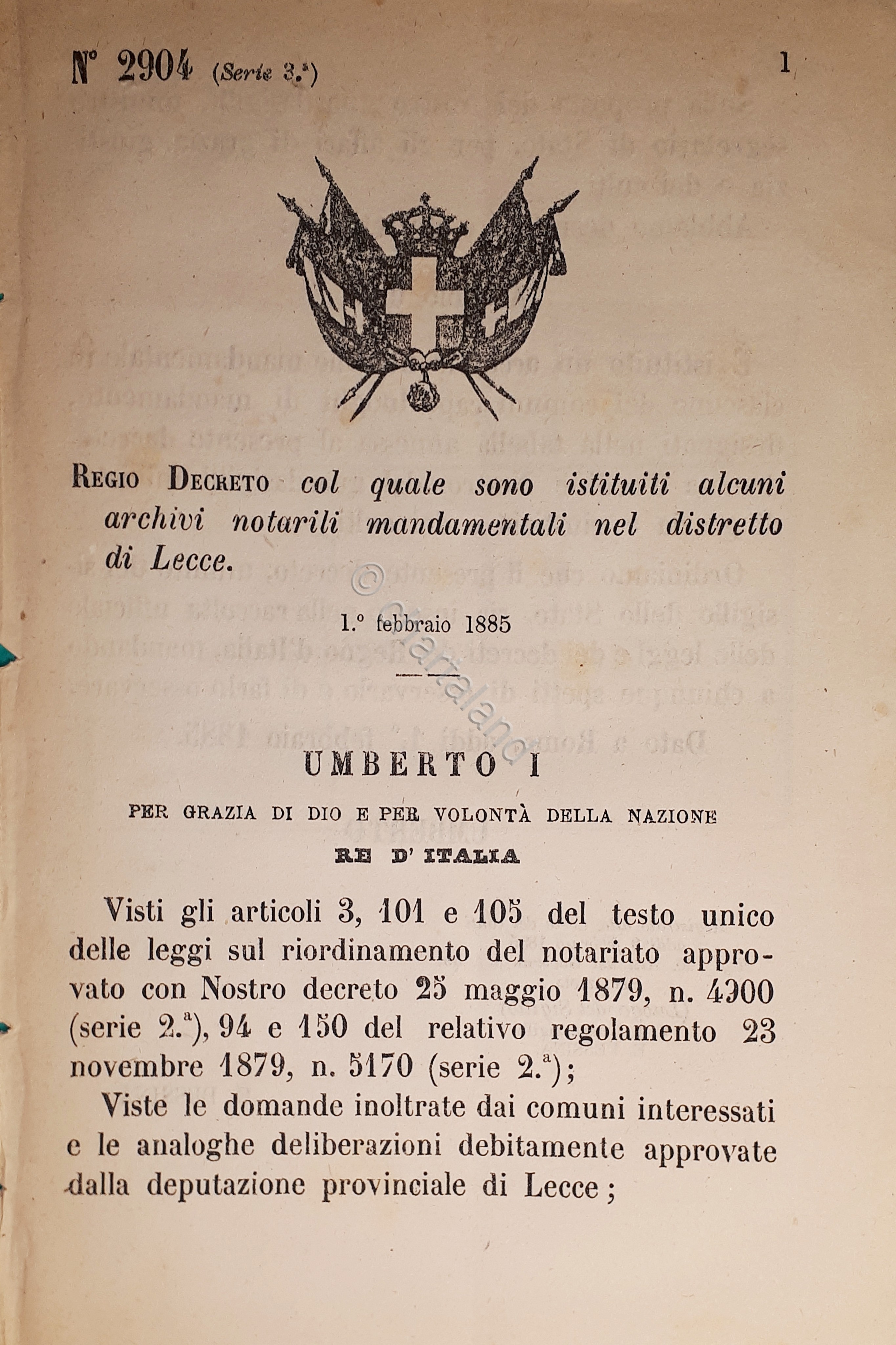 Decreto Regno Italia - Istituiti archivi notarili nel distretto di …
