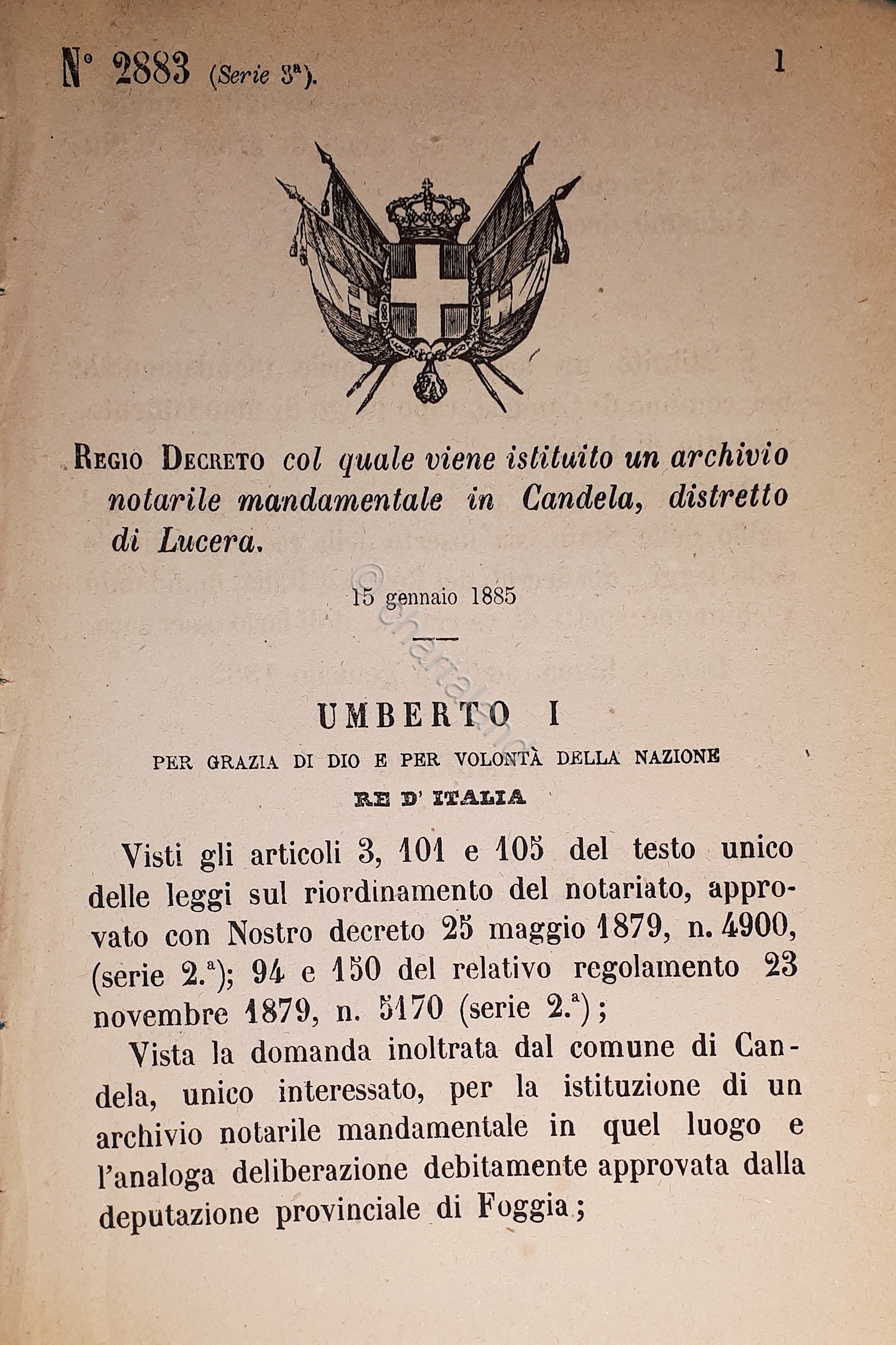 Decreto Regno Italia - Istituito archivio notarile in Candela di …