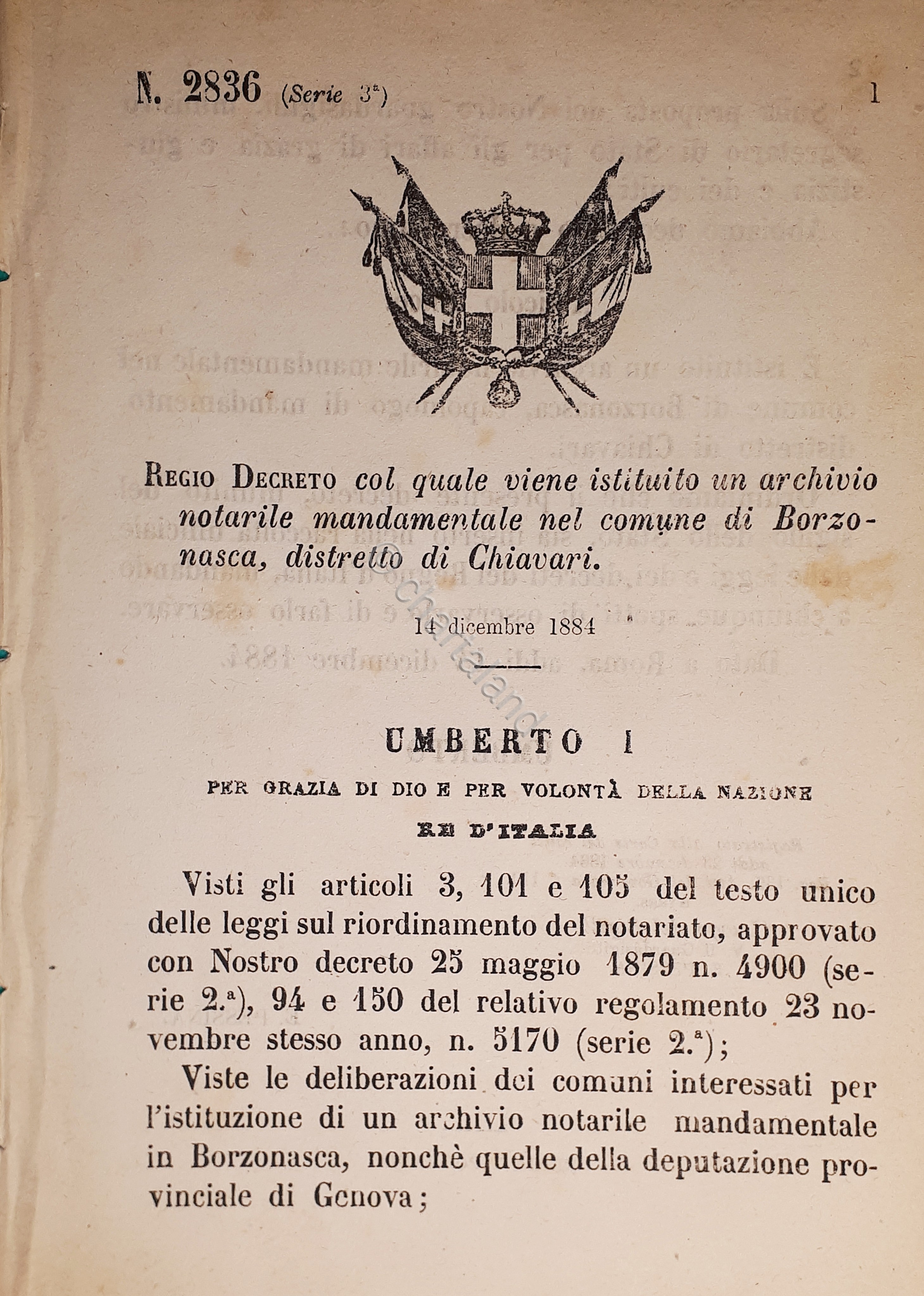 Decreto Regno Italia - Istituito archivio notarile nel comune di …