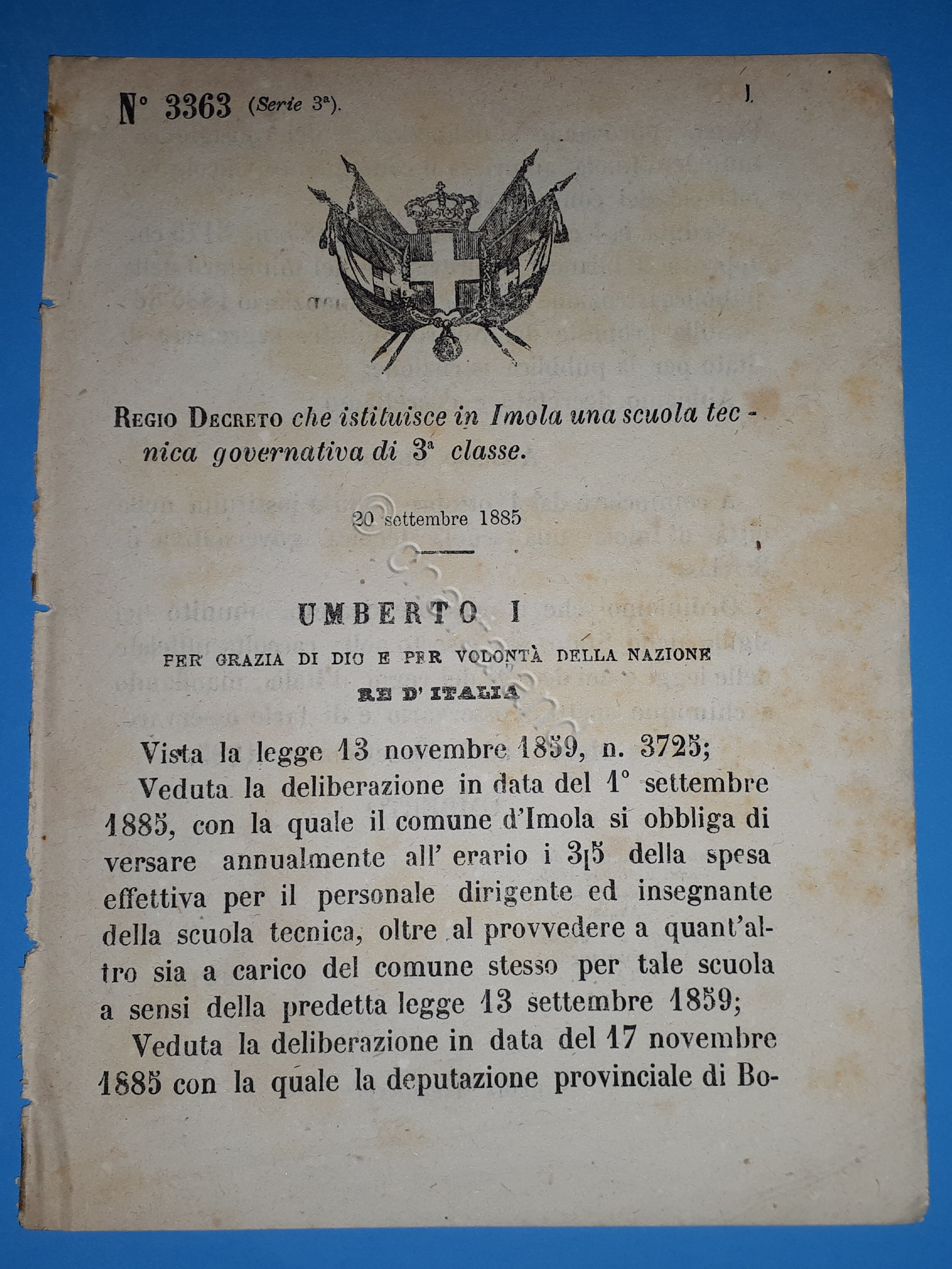 Decreto Regno Italia - Istituzione in Imola scuola tecnica 3^ …