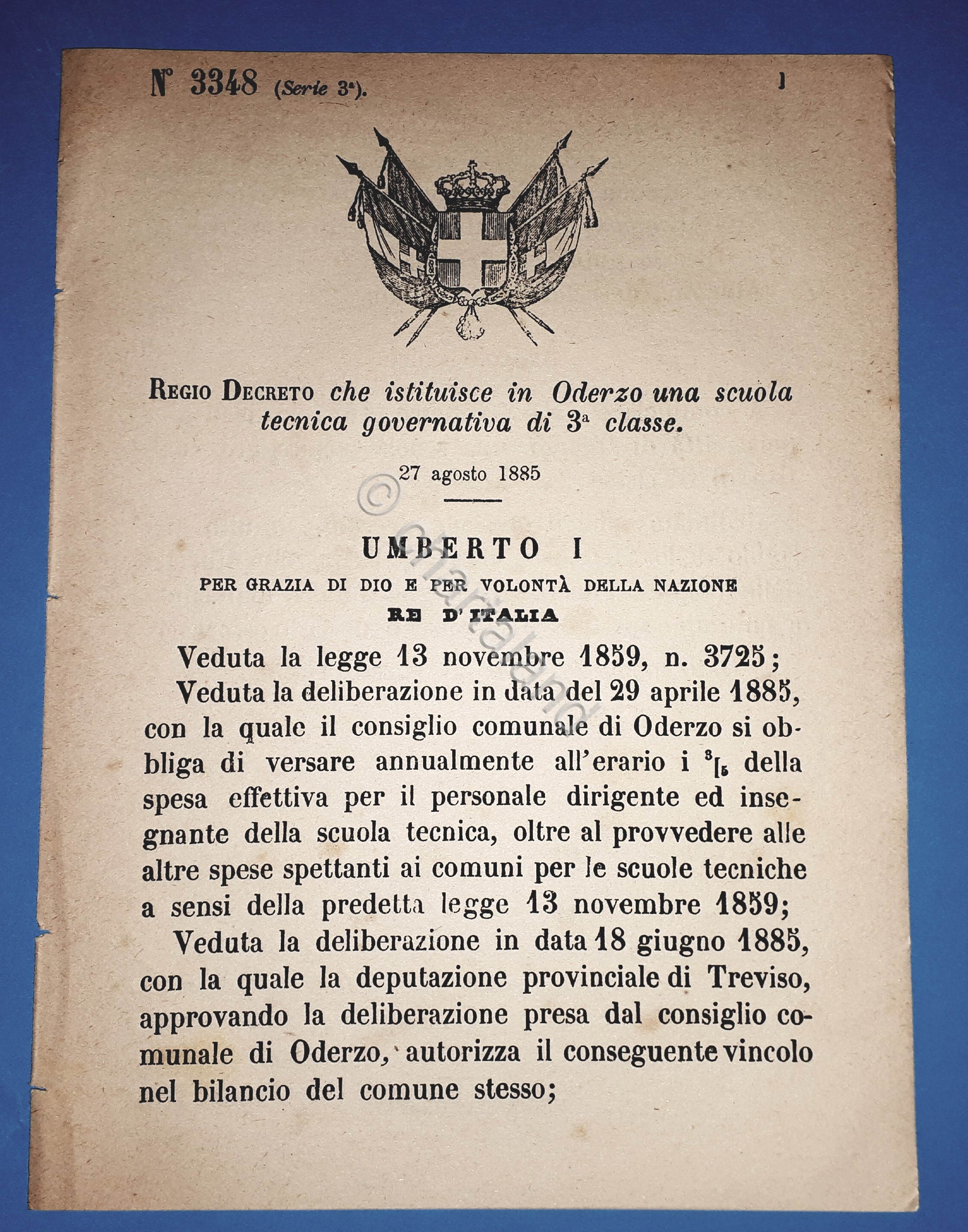 Decreto Regno Italia - Istituzione in Oderzo una scuola tecnica …