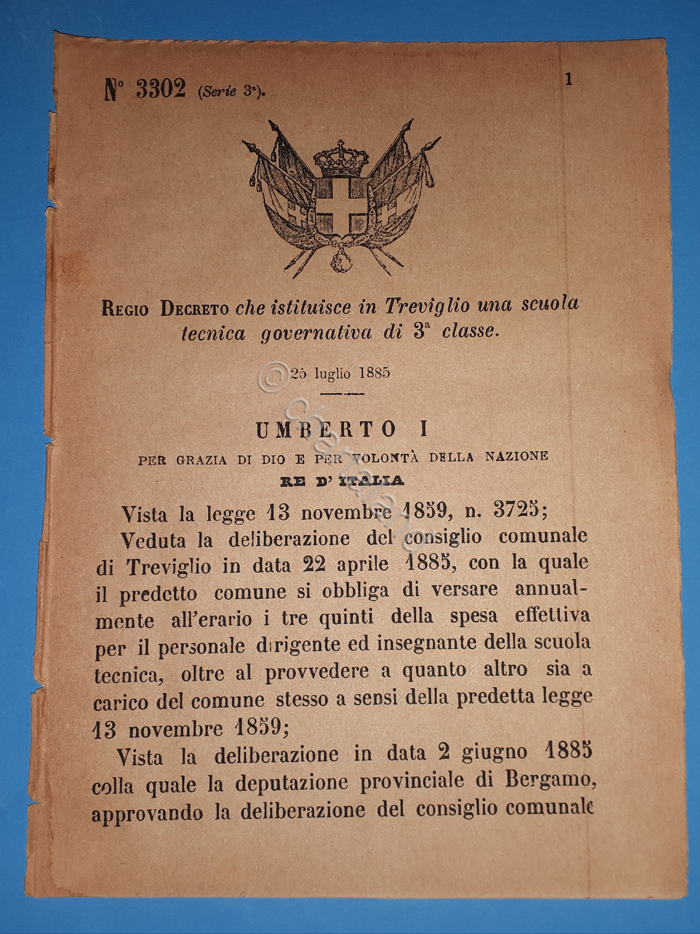 Decreto Regno Italia - Istituzione in Treviglio scuola tecnica 3^ …