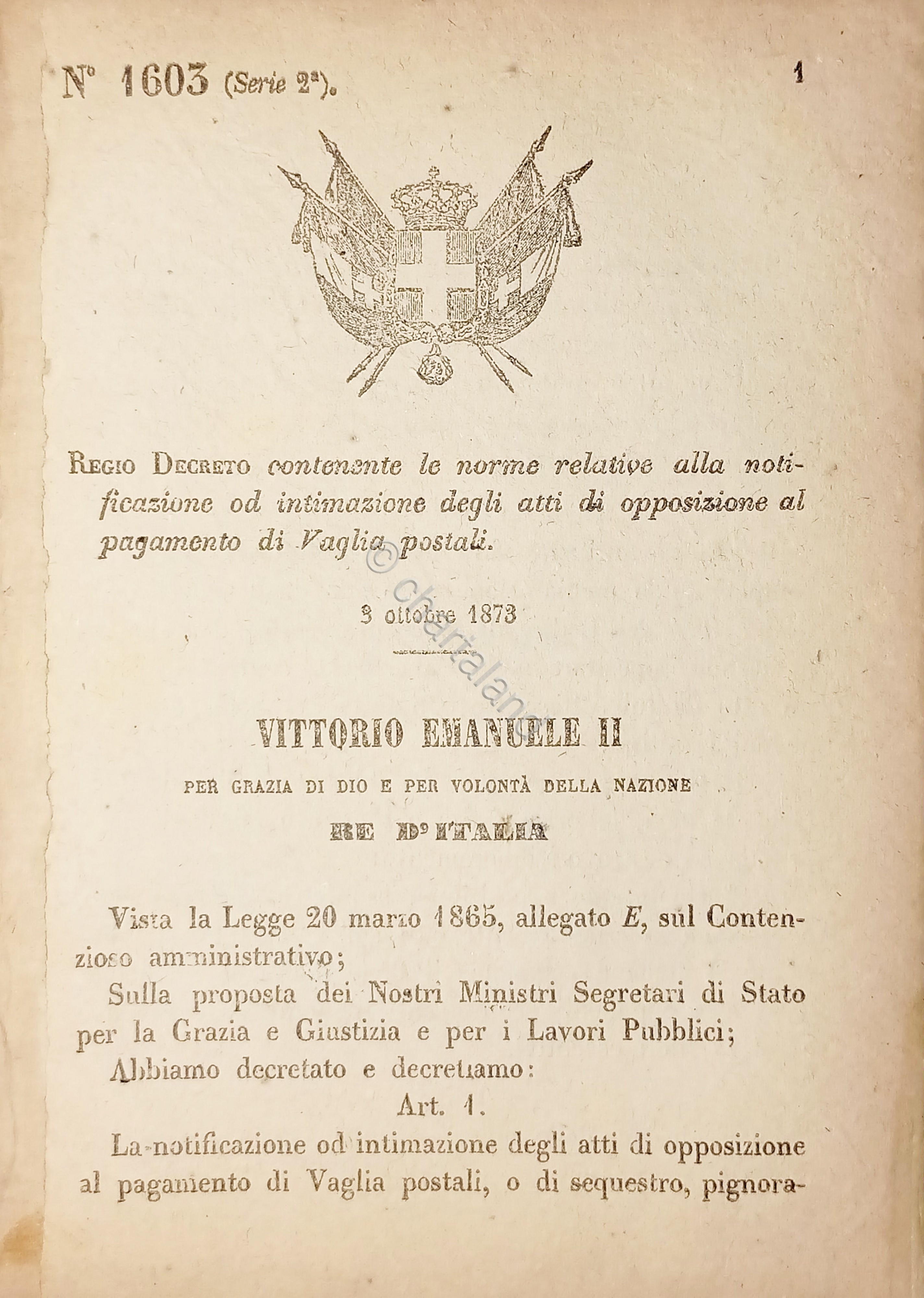 Decreto Regno Italia - Opposizione al pagamento di Vaglia postali …