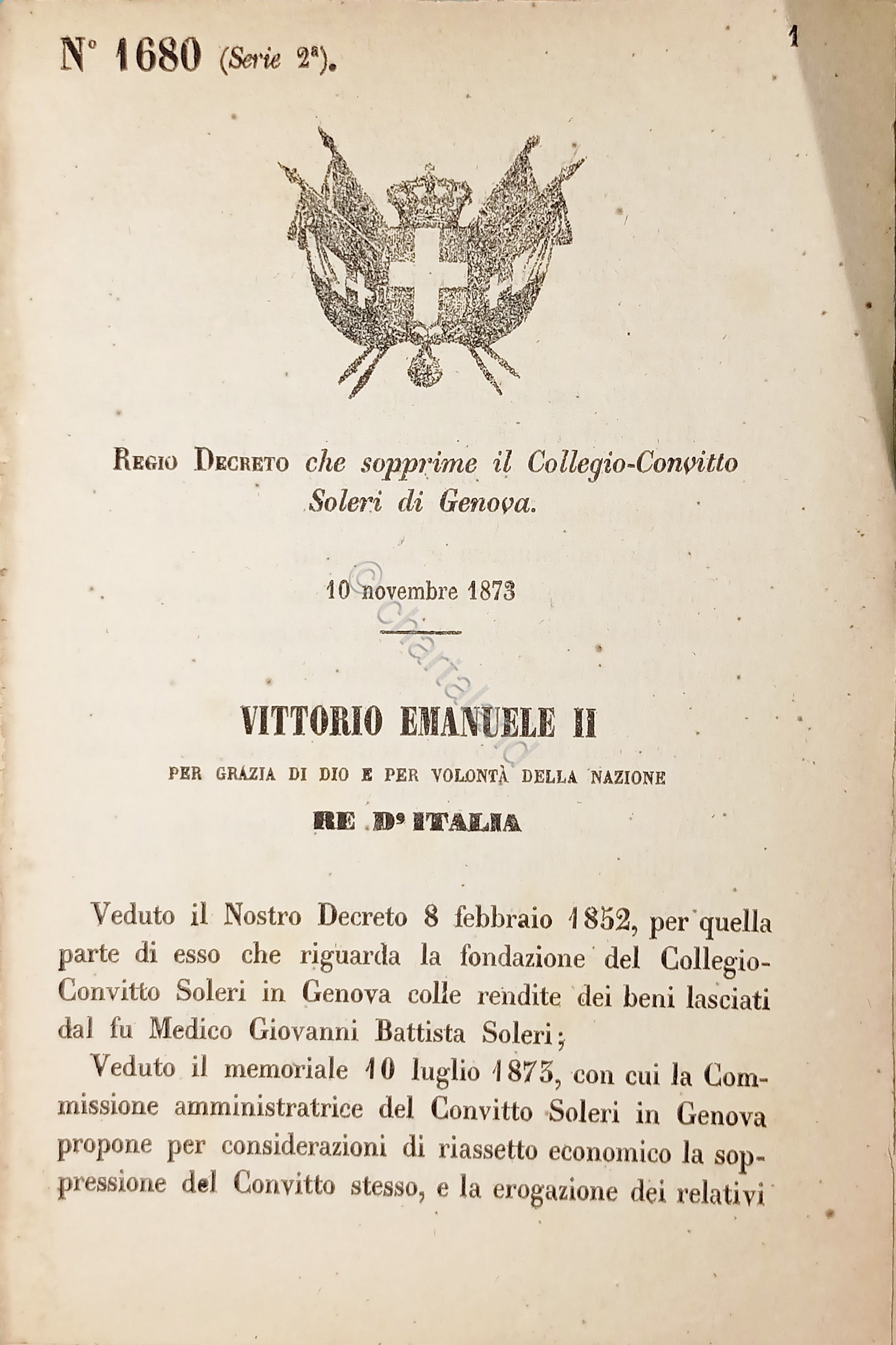 Decreto Regno Italia - Sopprime il Collegio-Convitto Soleri di Genova …
