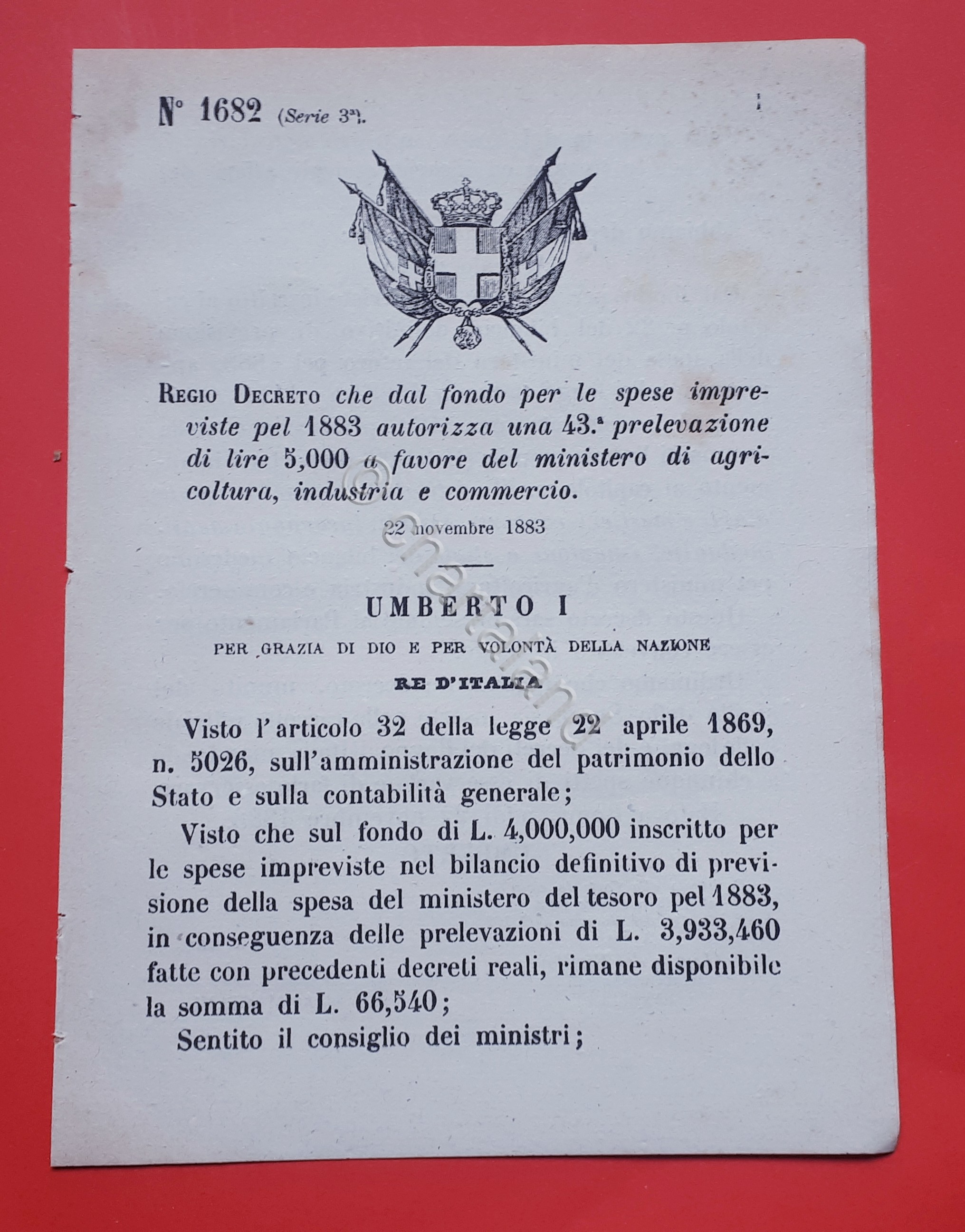 Decreto Regno Italia - Spese impreviste di L. 5,000 favore …