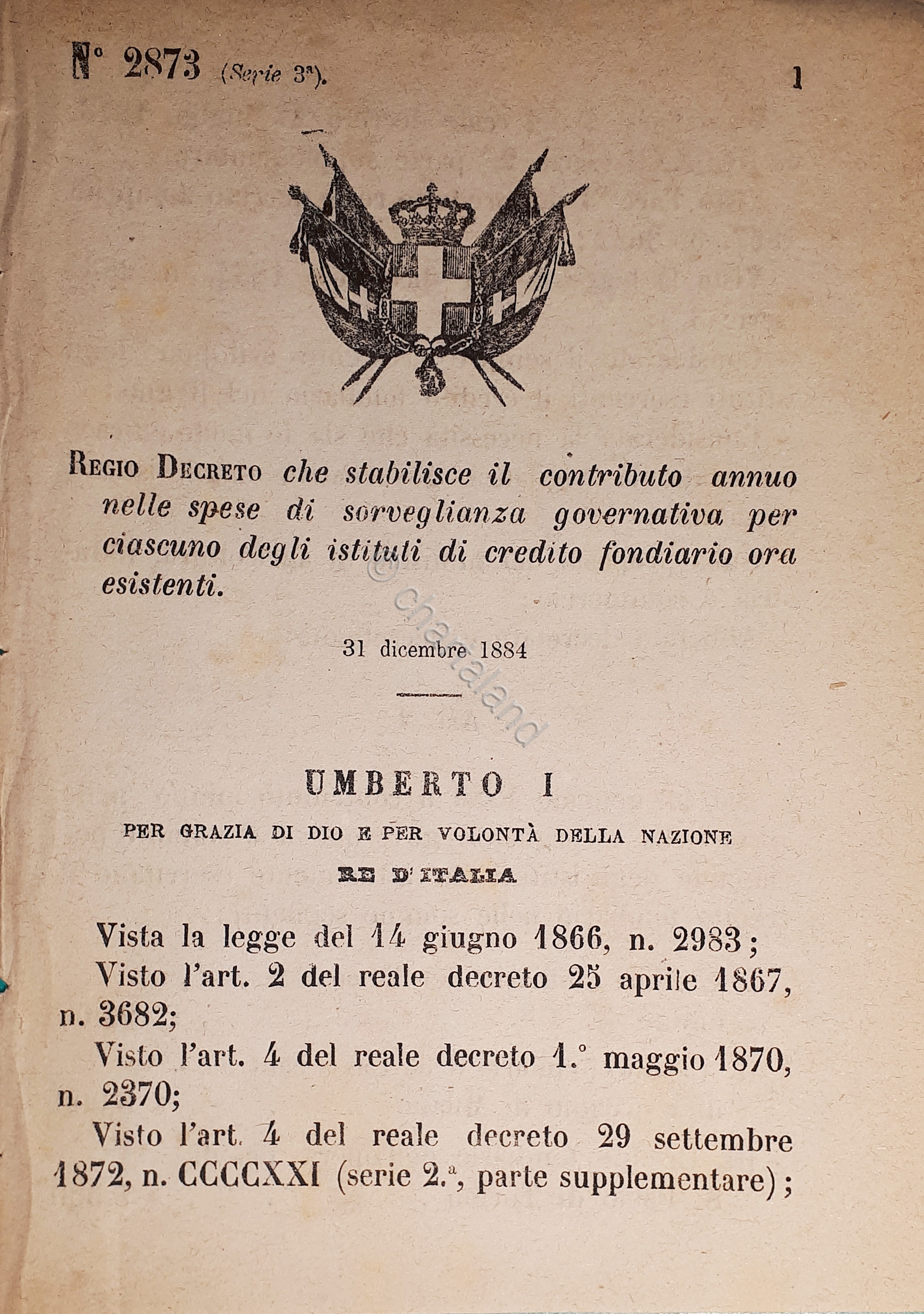 Decreto Regno Italia - Stabilisce contributo spese sorveglianza governativa 1884
