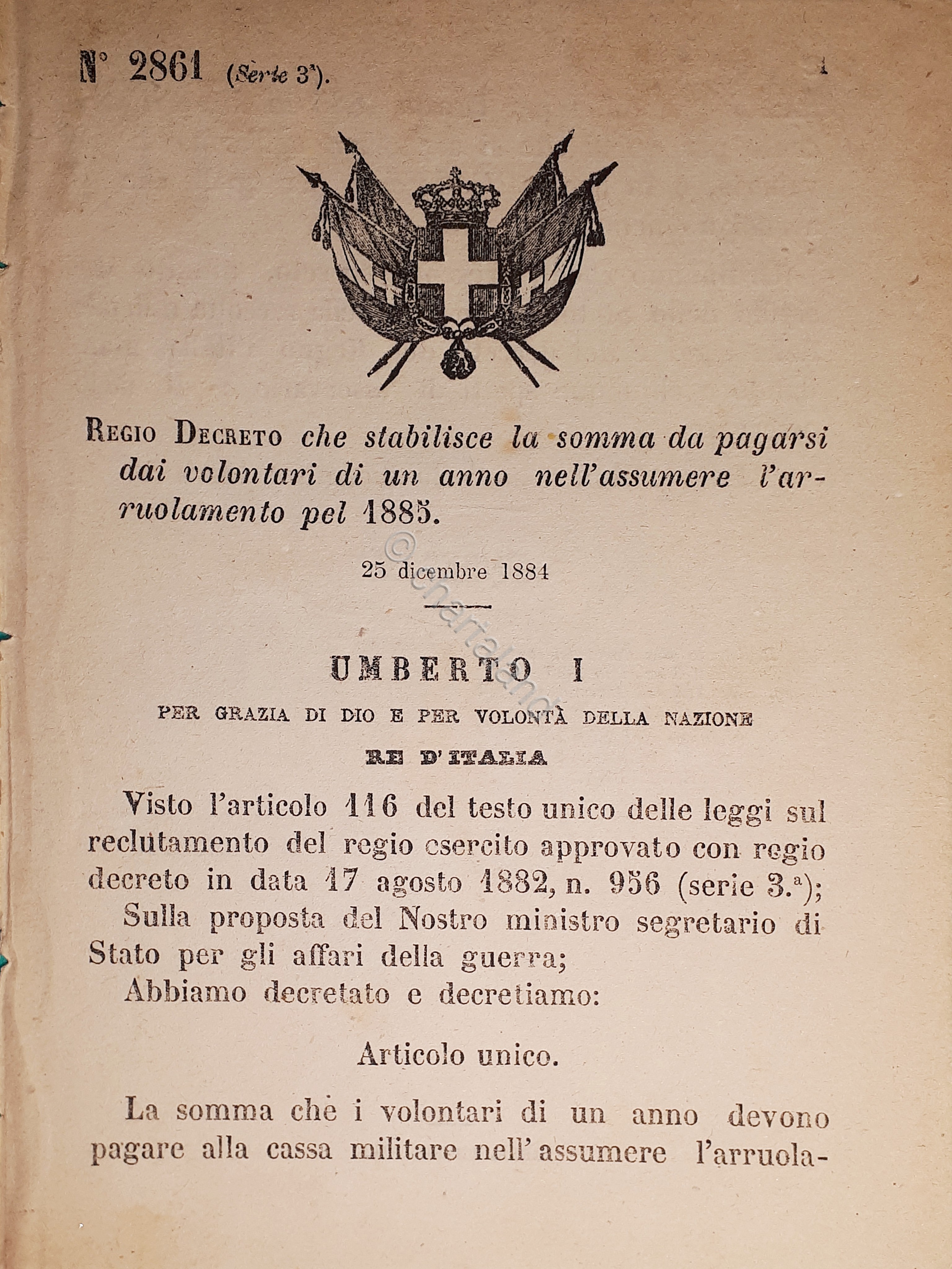 Decreto Regno Italia - Stabilisce somma da pagare dai volontari …