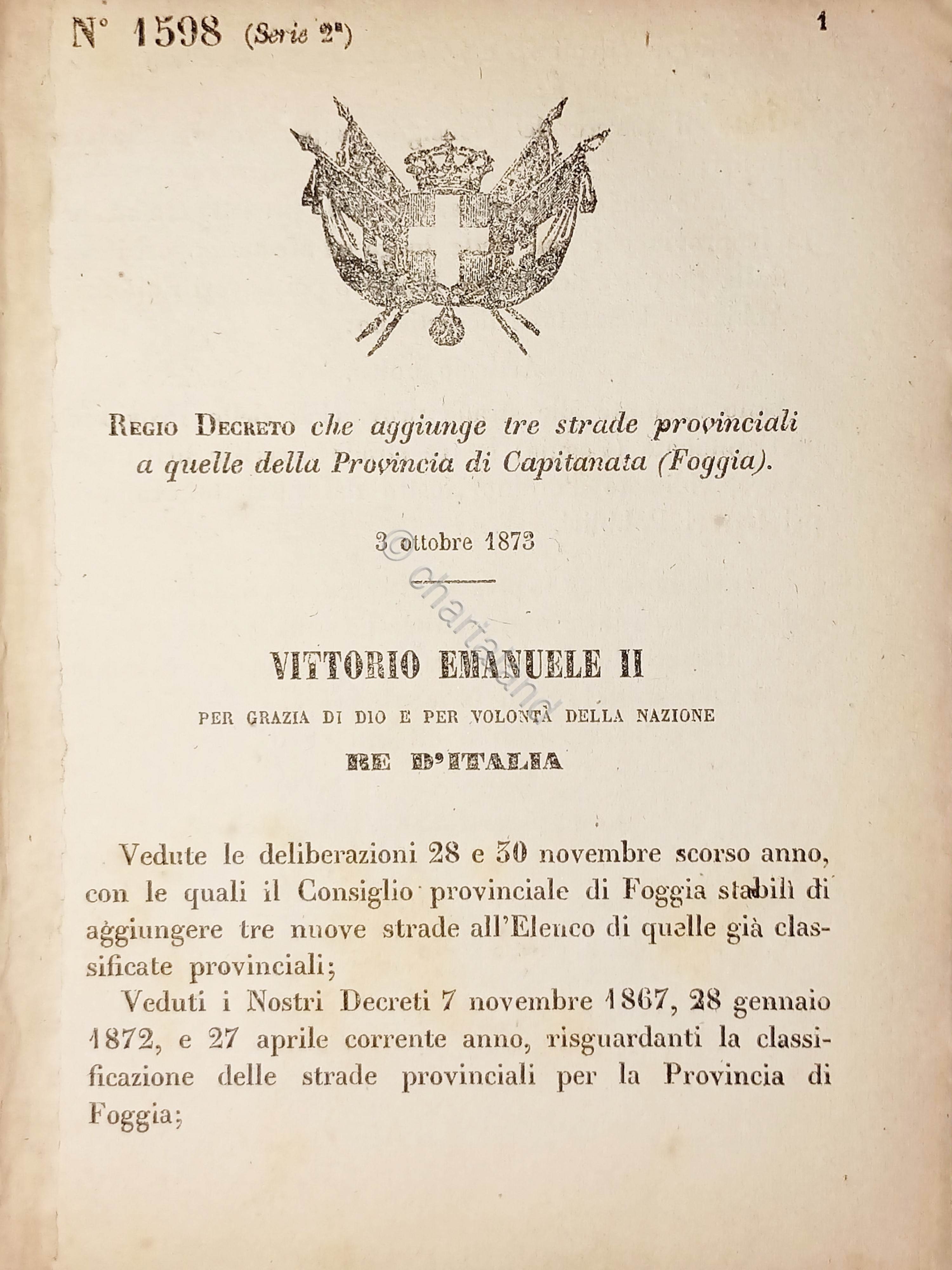 Decreto Regno Italia - Strade provinciali Provincia di Capitanata (Foggia) …