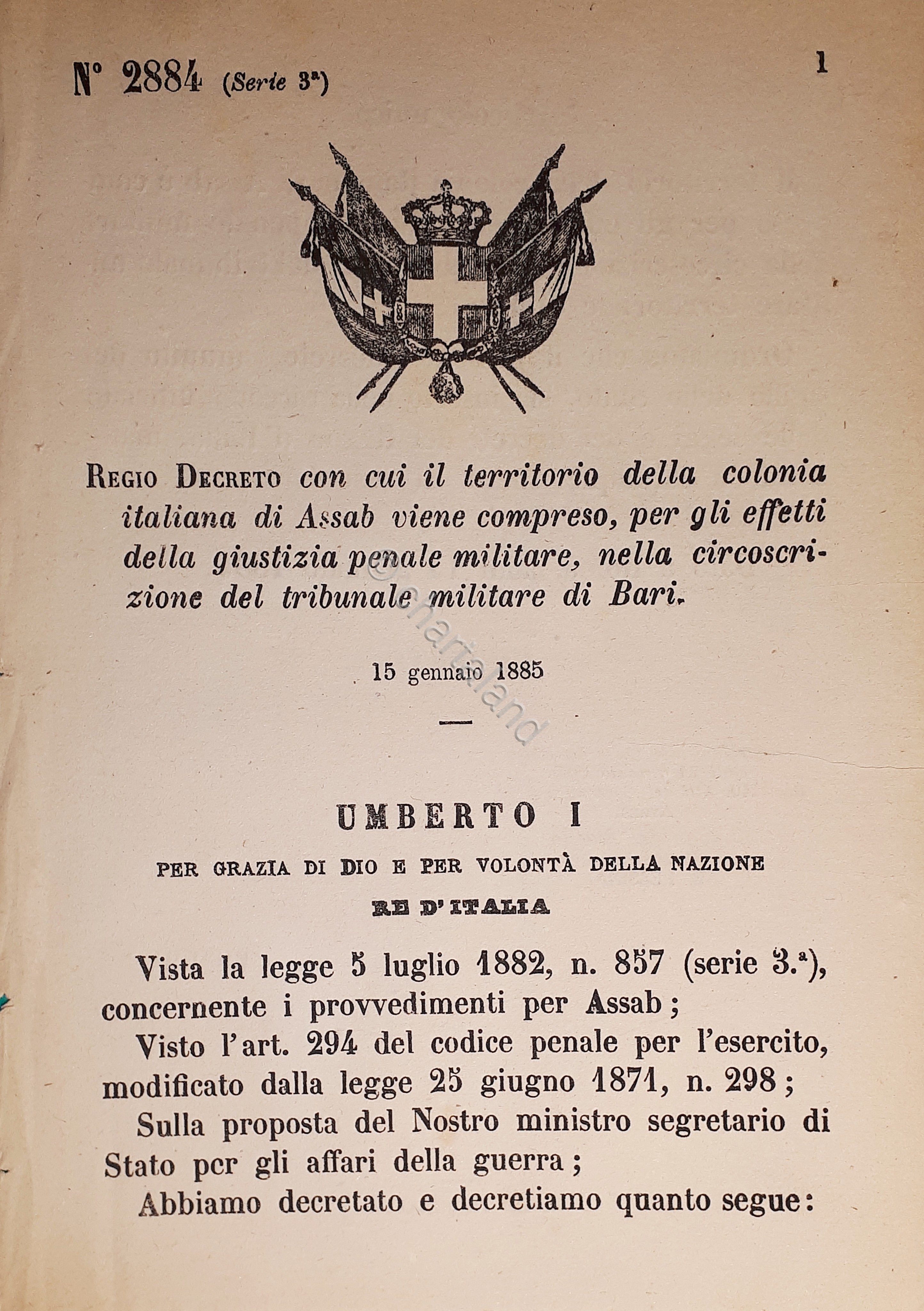 Decreto Regno Italia - Territorio Assab viene compreso circoscrizione Bari …
