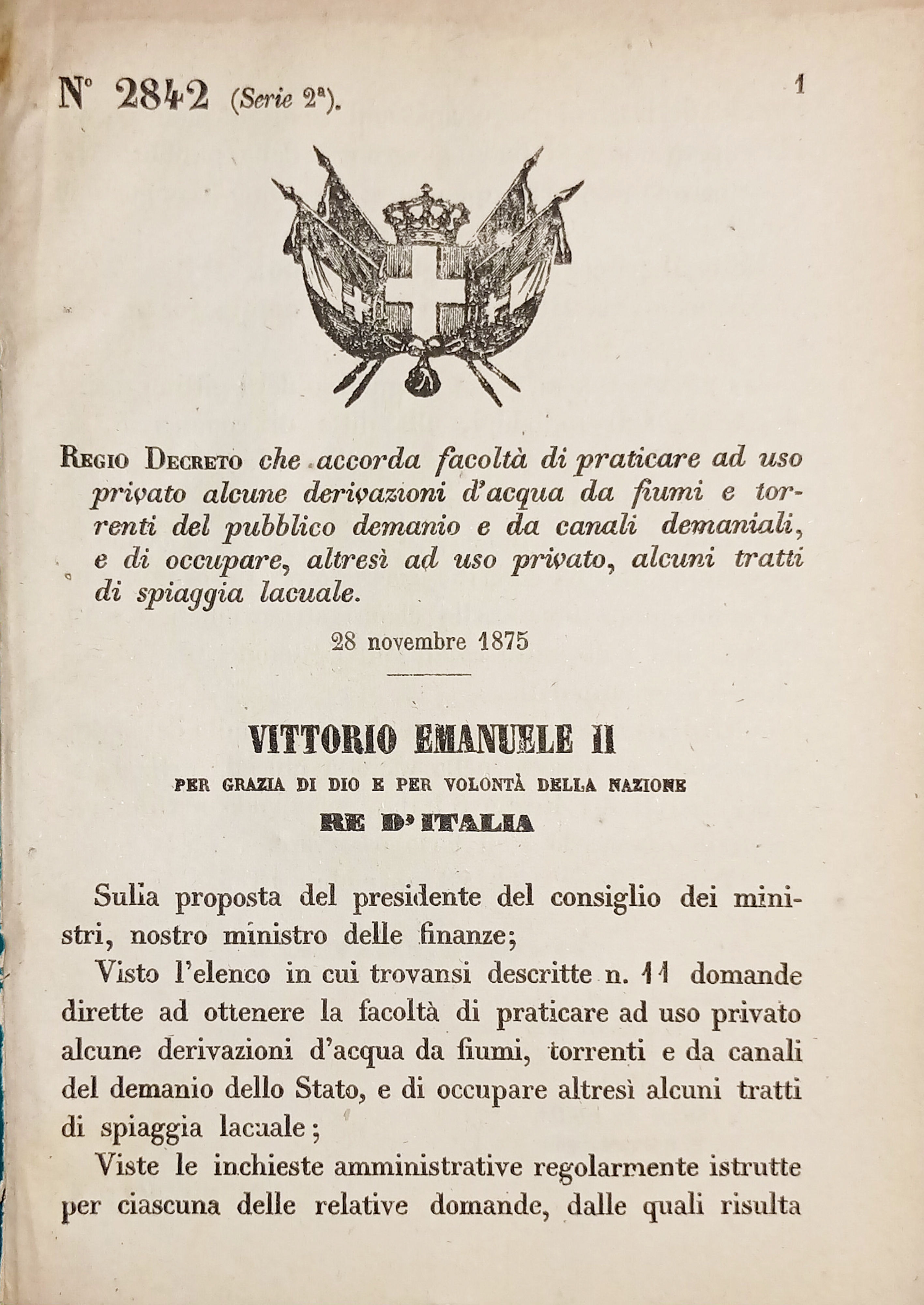 Decreto Regno Italia Accorda facoltà uso privato derivazioni acqua da …