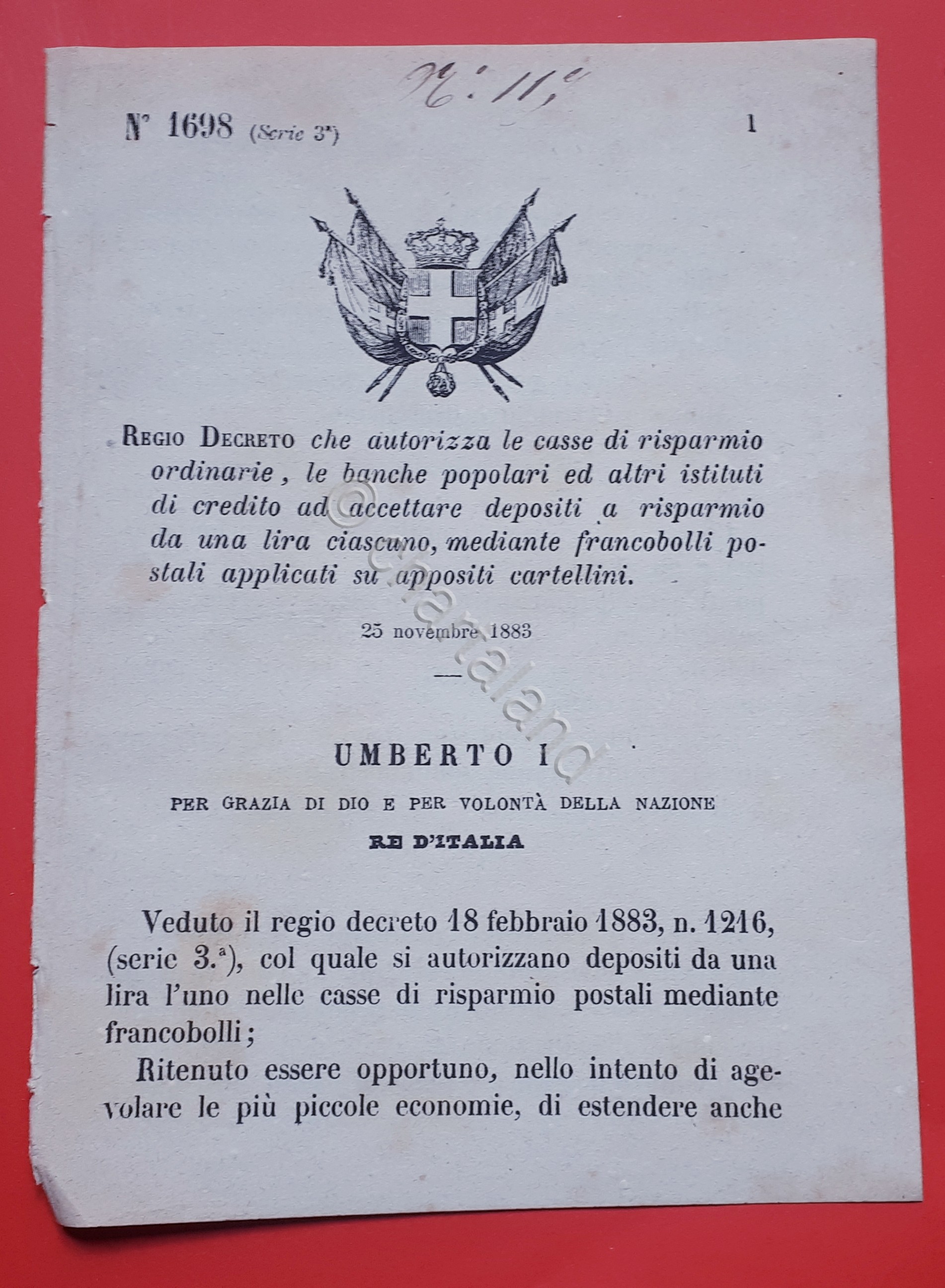Decreto Regno Italia Autorizzazione banche ad accettare depositi risparmio 1883