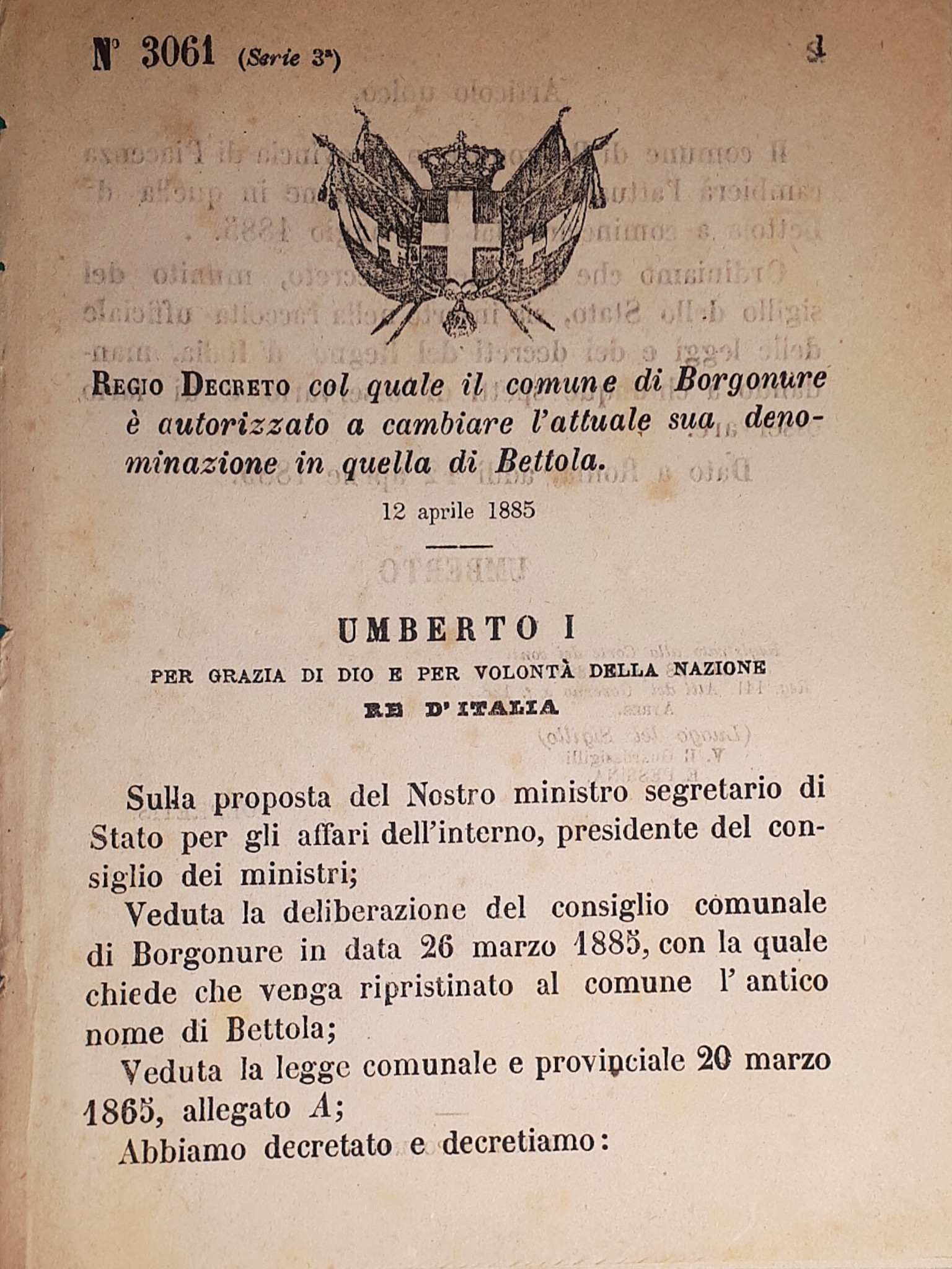 Decreto Regno Italia Borgonure è autorizzato cambiare denominazione Bettola 1885