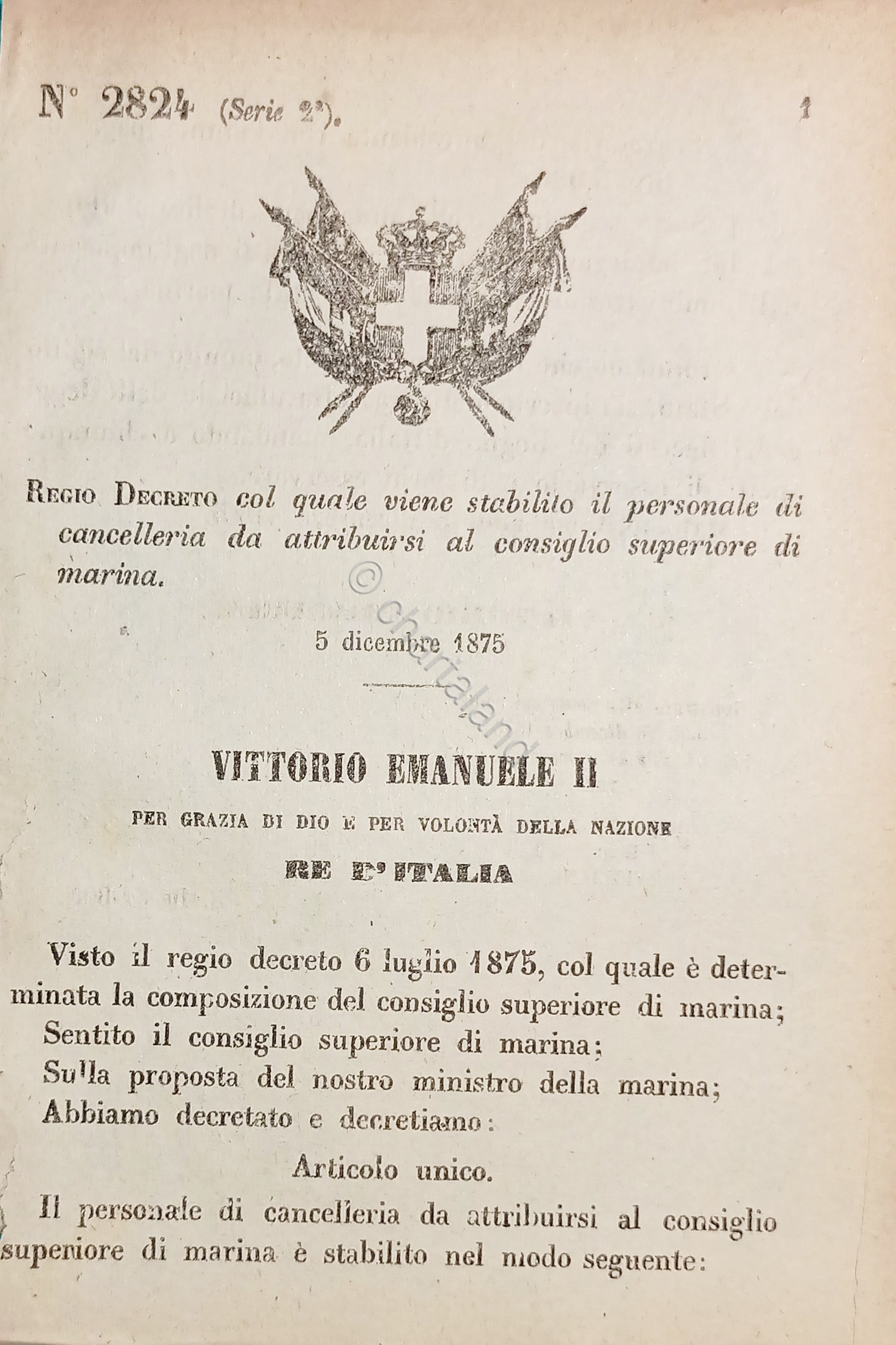 Decreto Regno Italia Cancelleria da attribuirsi consiglio superiore marina 1875