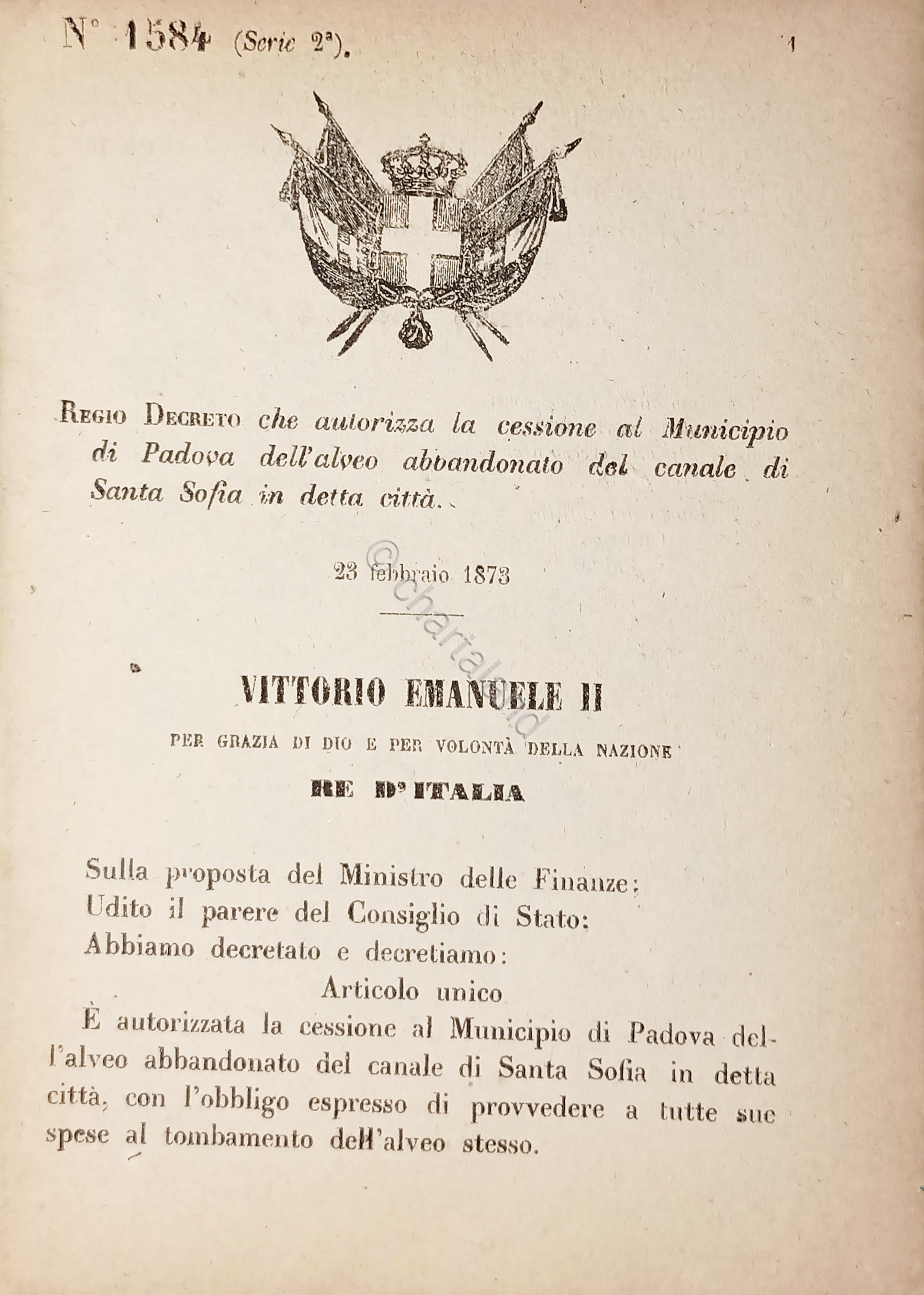 Decreto Regno Italia Cessione Padova alveo abbandonato canale Santa Sofia …