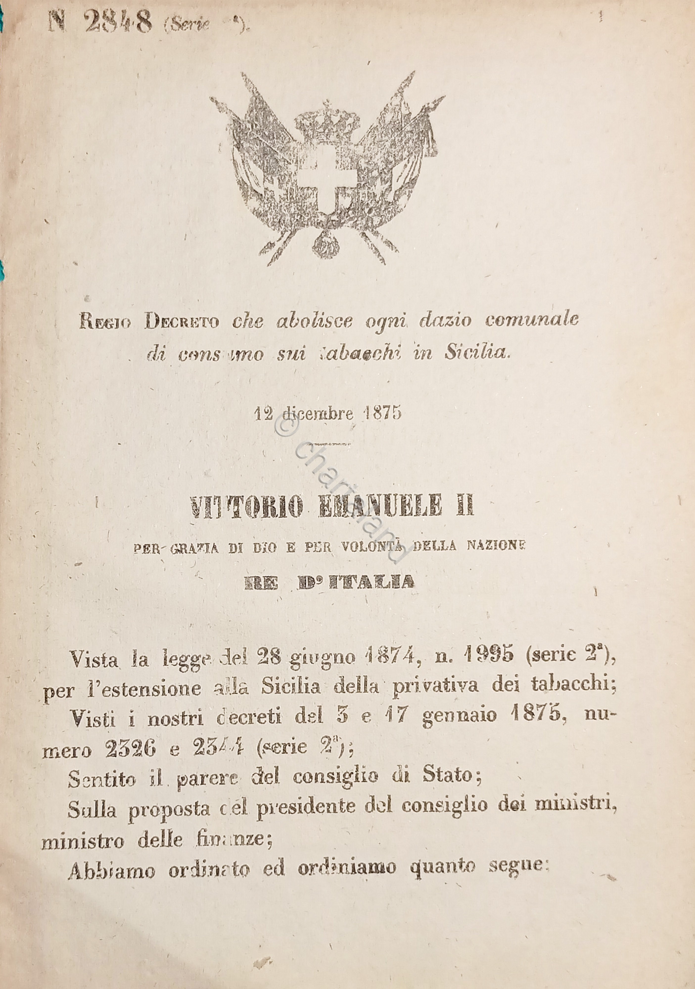 Decreto Regno Italia che abolisce dazi consumo tabacchi in Sicilia …