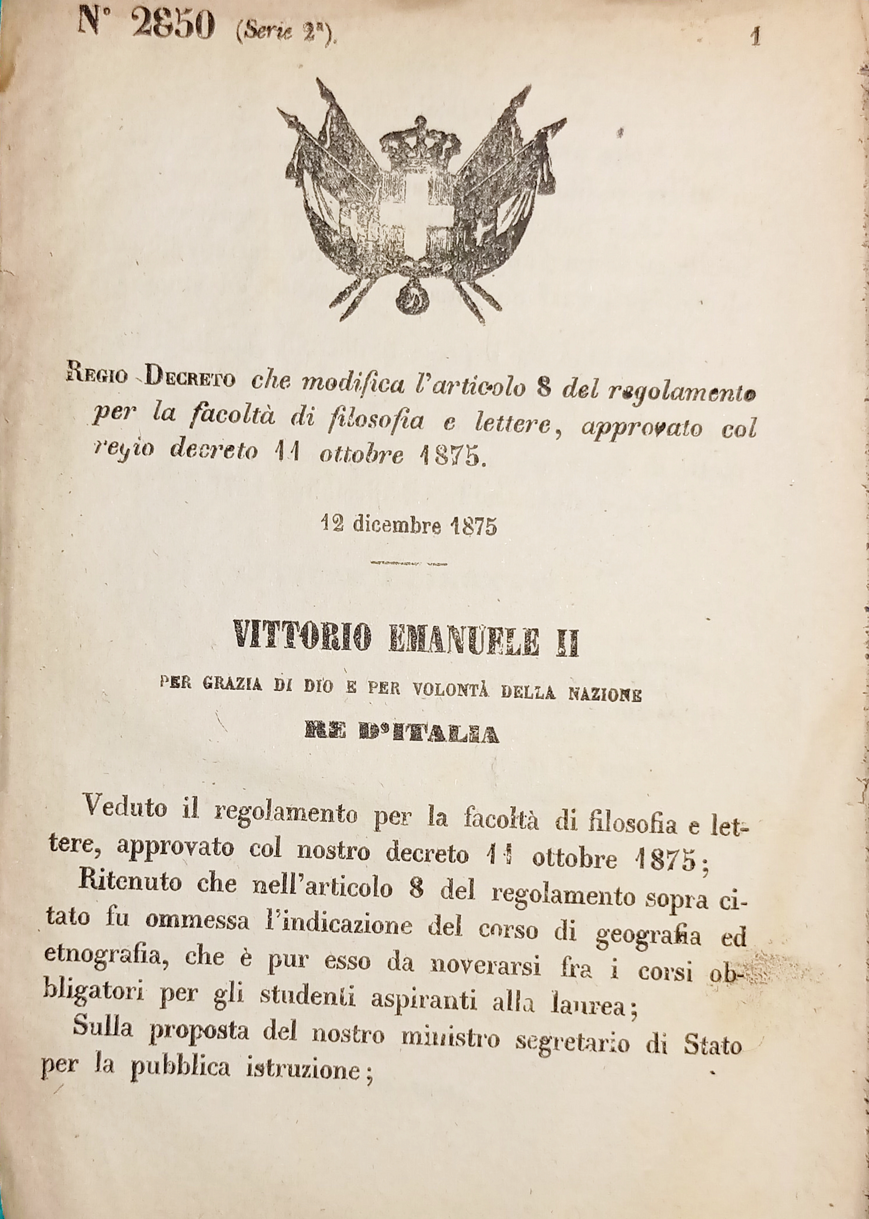 Decreto Regno Italia che modifica regolamento per la facoltà e …