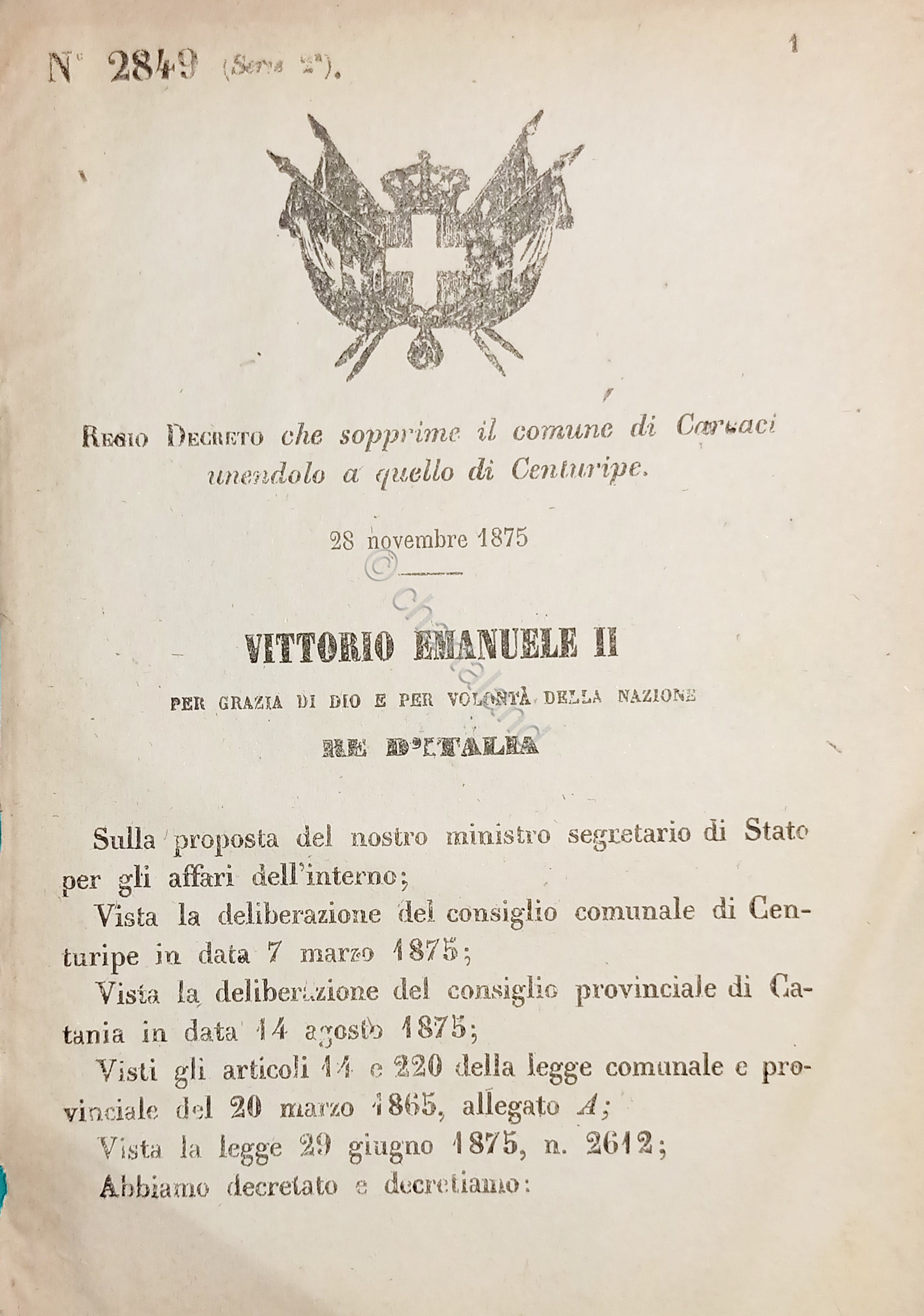 Decreto Regno Italia che sopprime comune Carcaci unendolo a Centuripe …