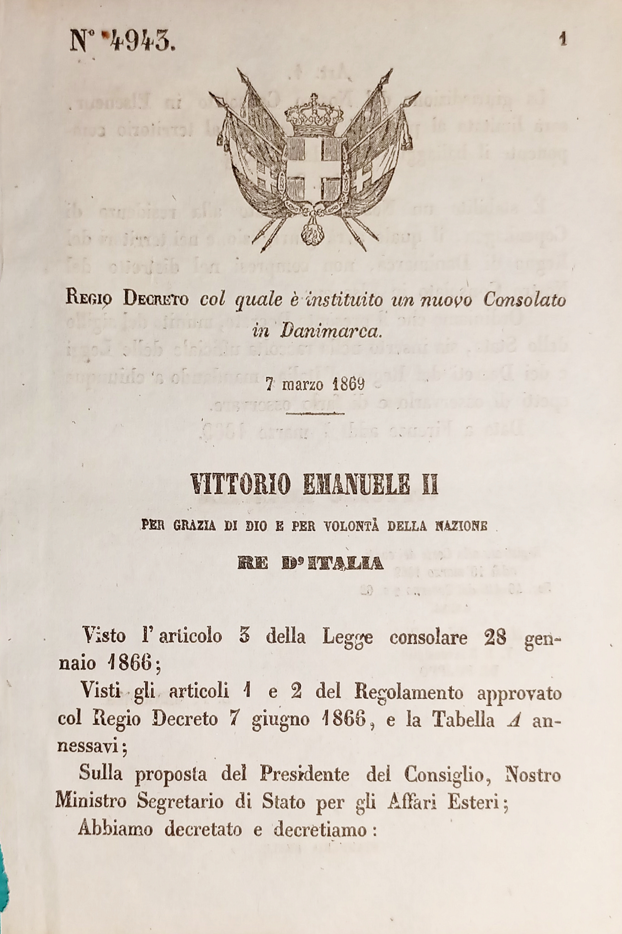 Decreto Regno Italia col quale è instituito un nuovo Consolato …