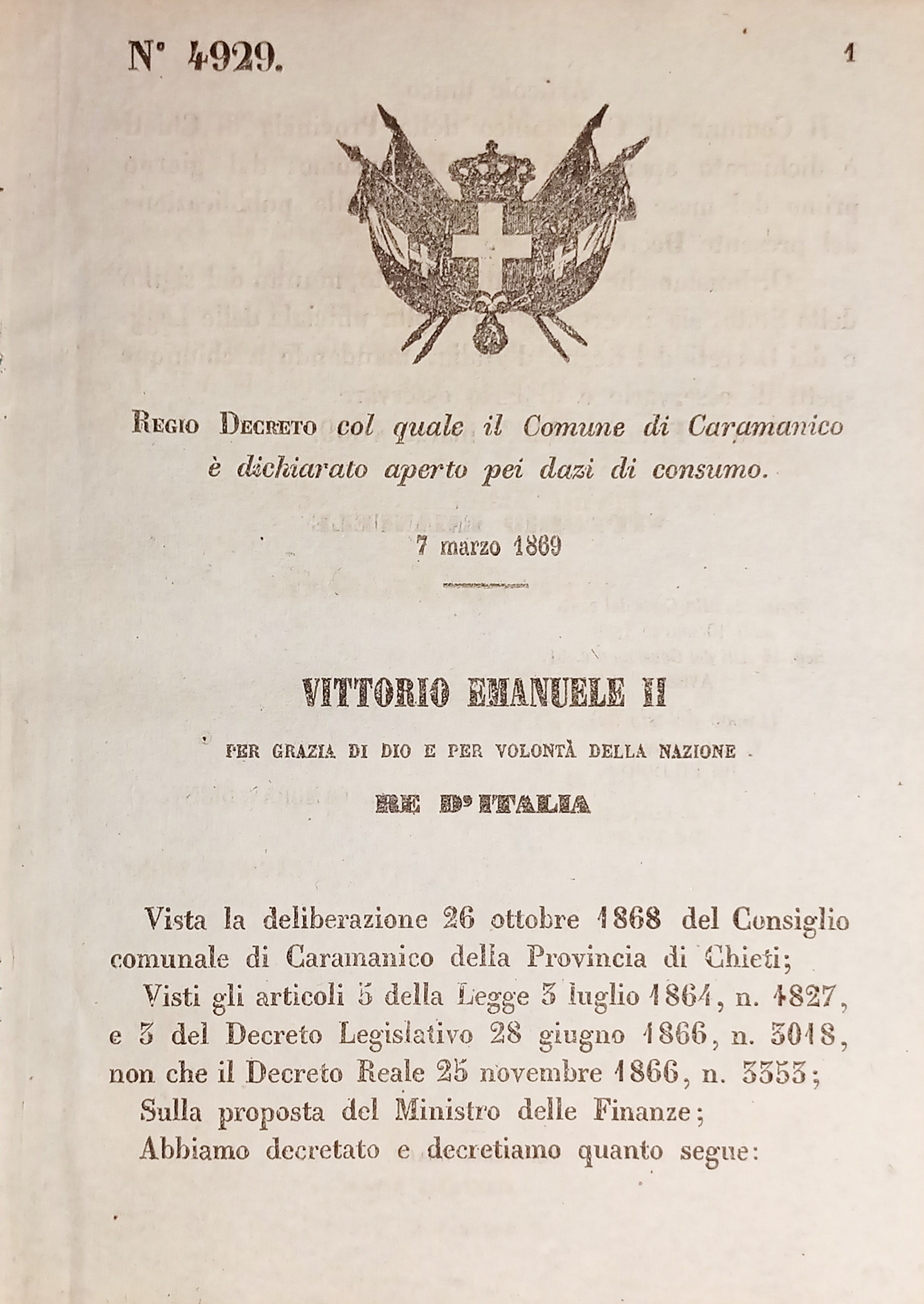 Decreto Regno Italia Comune Caramanico è dichiarato aperto pei dazi …