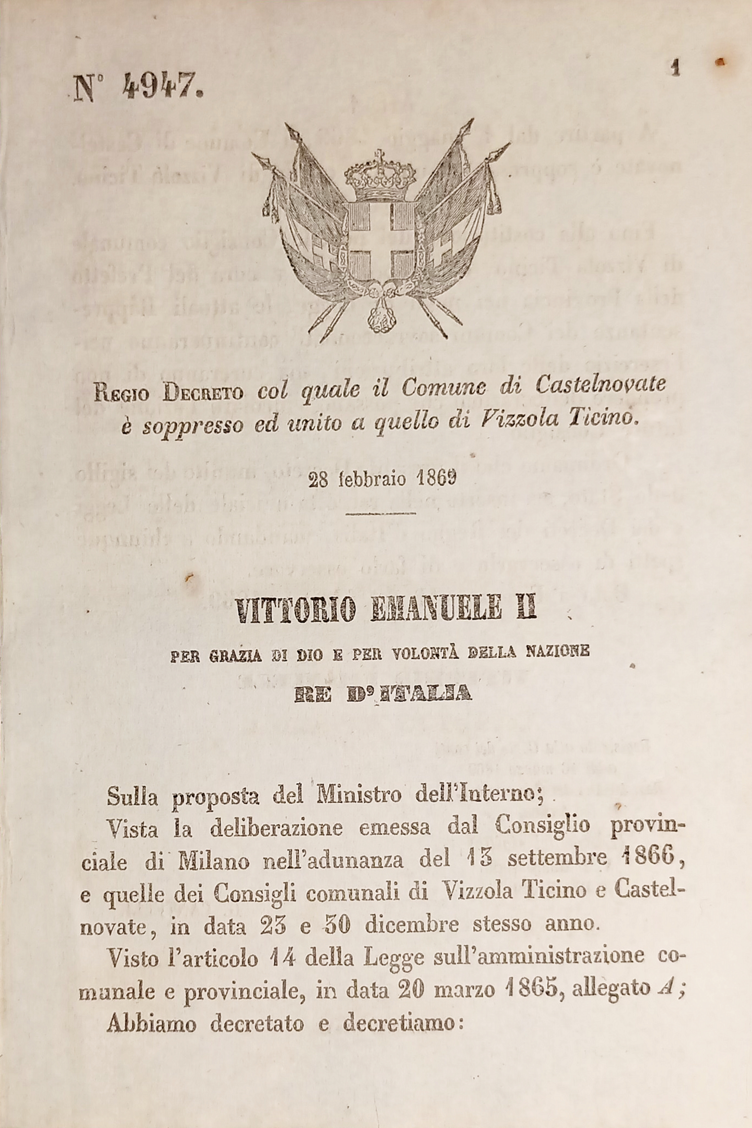 Decreto Regno Italia Comune Castelnovate è unito a quello di …