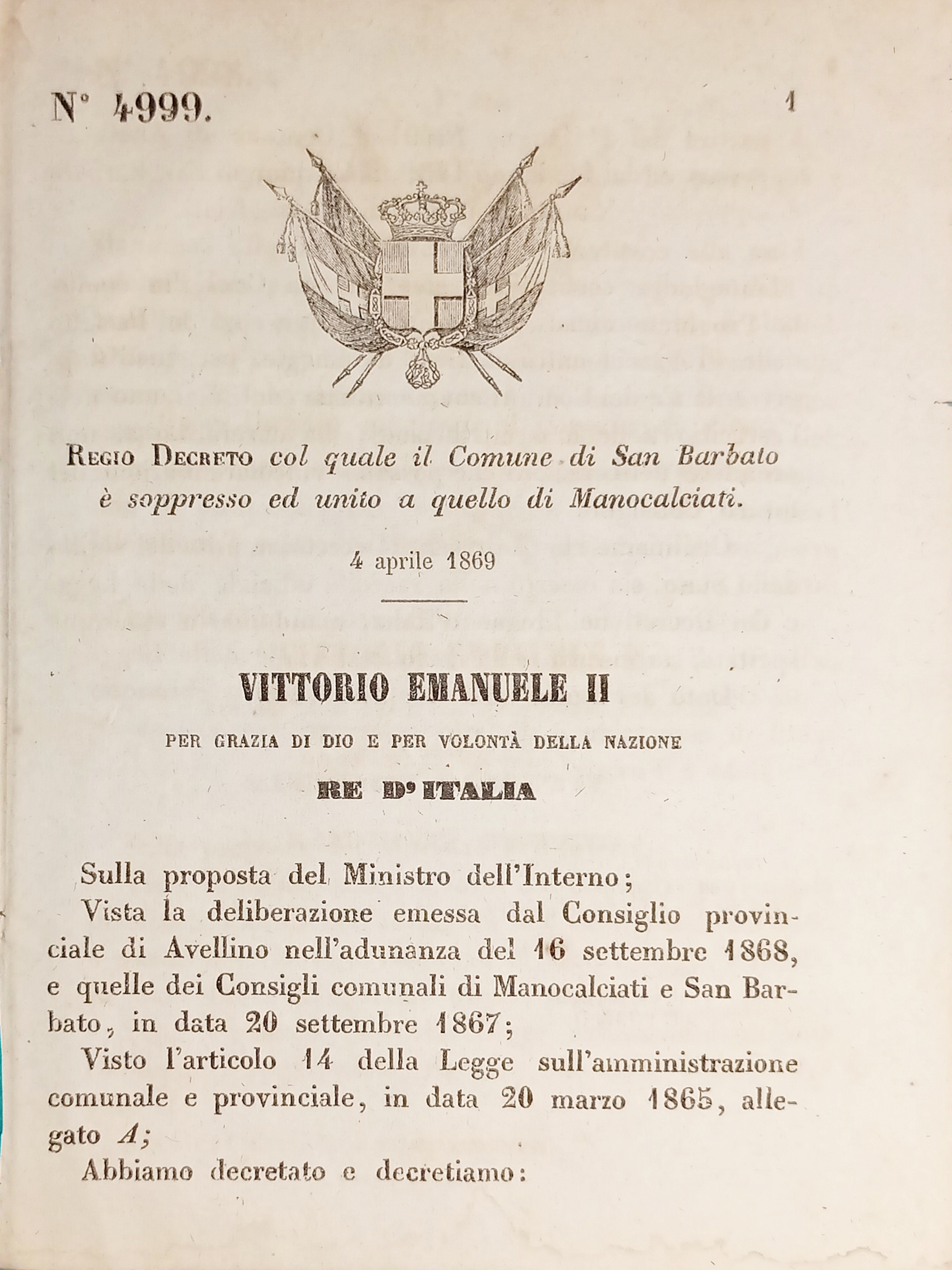 Decreto Regno Italia Comune San Barbato è soppresso ed unito …