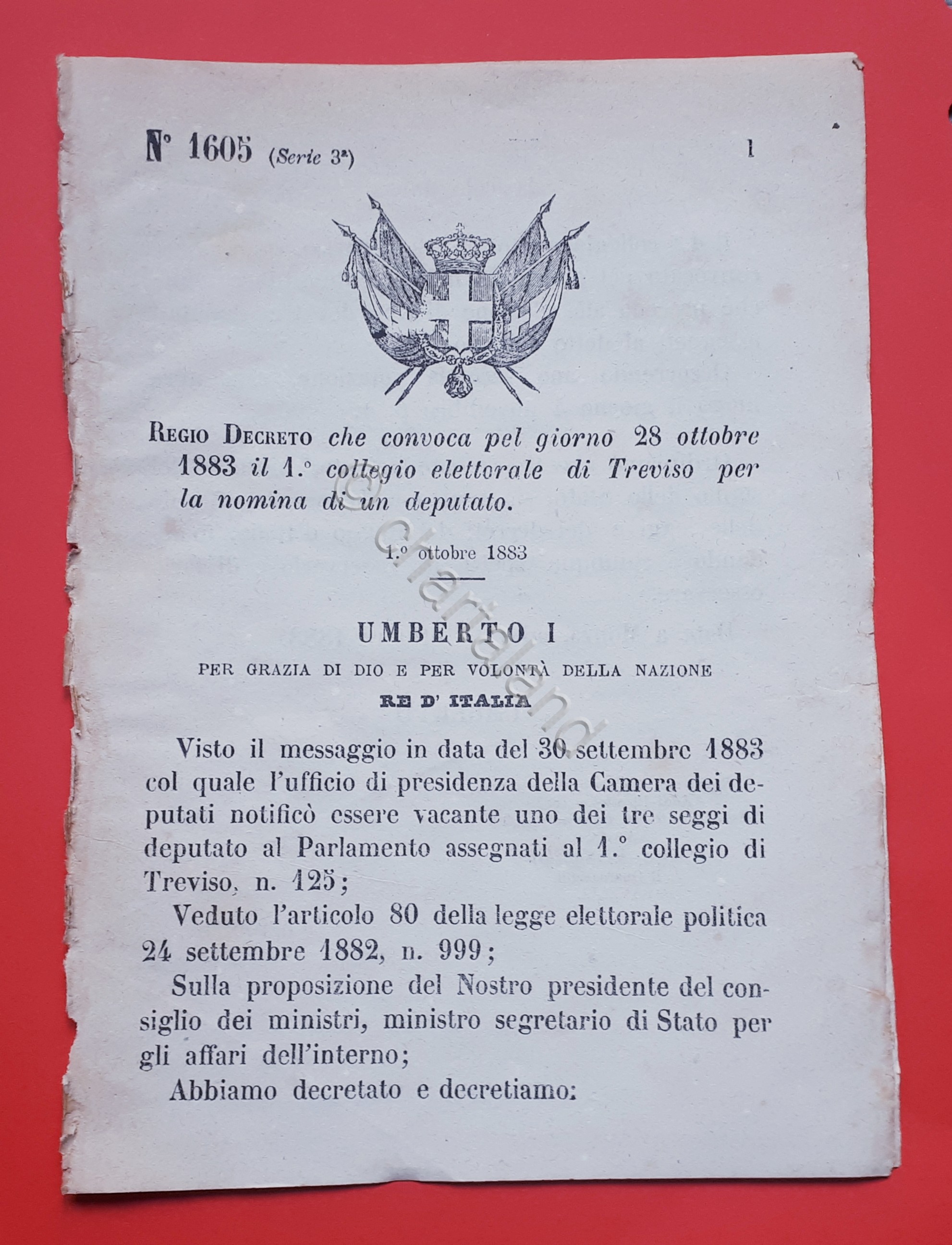 Decreto Regno Italia Convoca collegio di Treviso per nomina di …