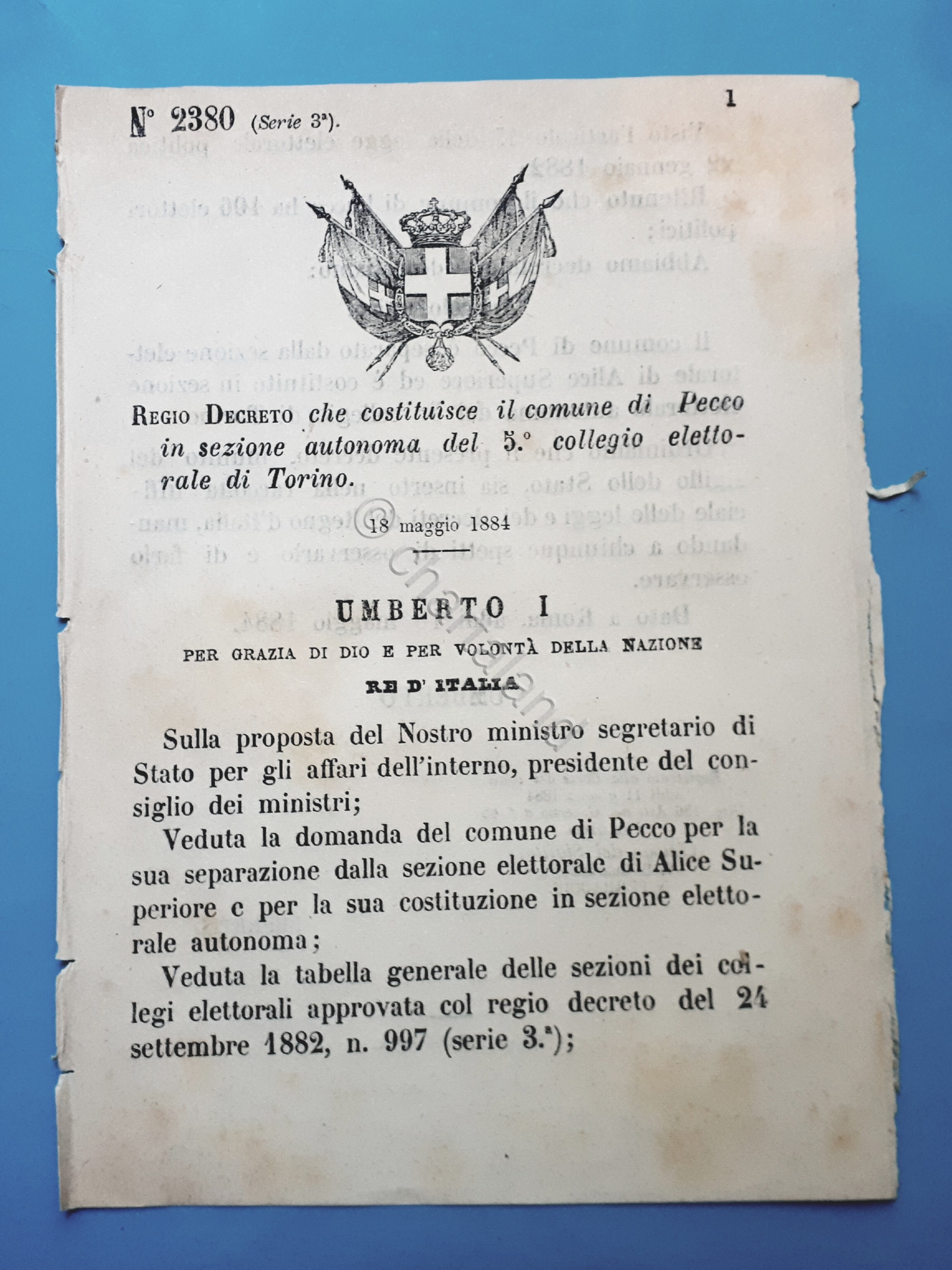 Decreto Regno Italia Costituzione il comune di Pecco in sezione …