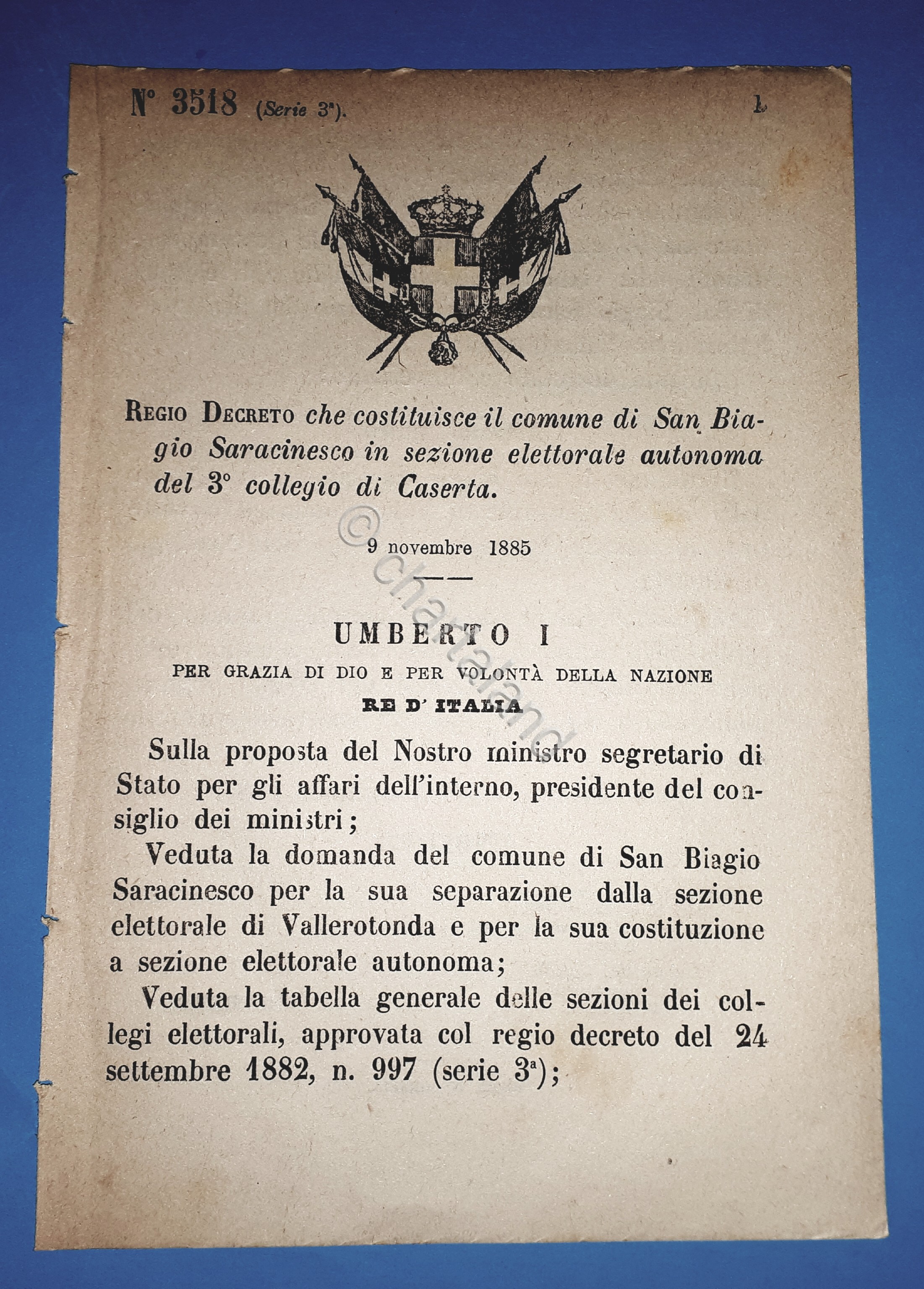 Decreto Regno Italia Costituzione San Biagio Saracinesco in sezione Caserta …