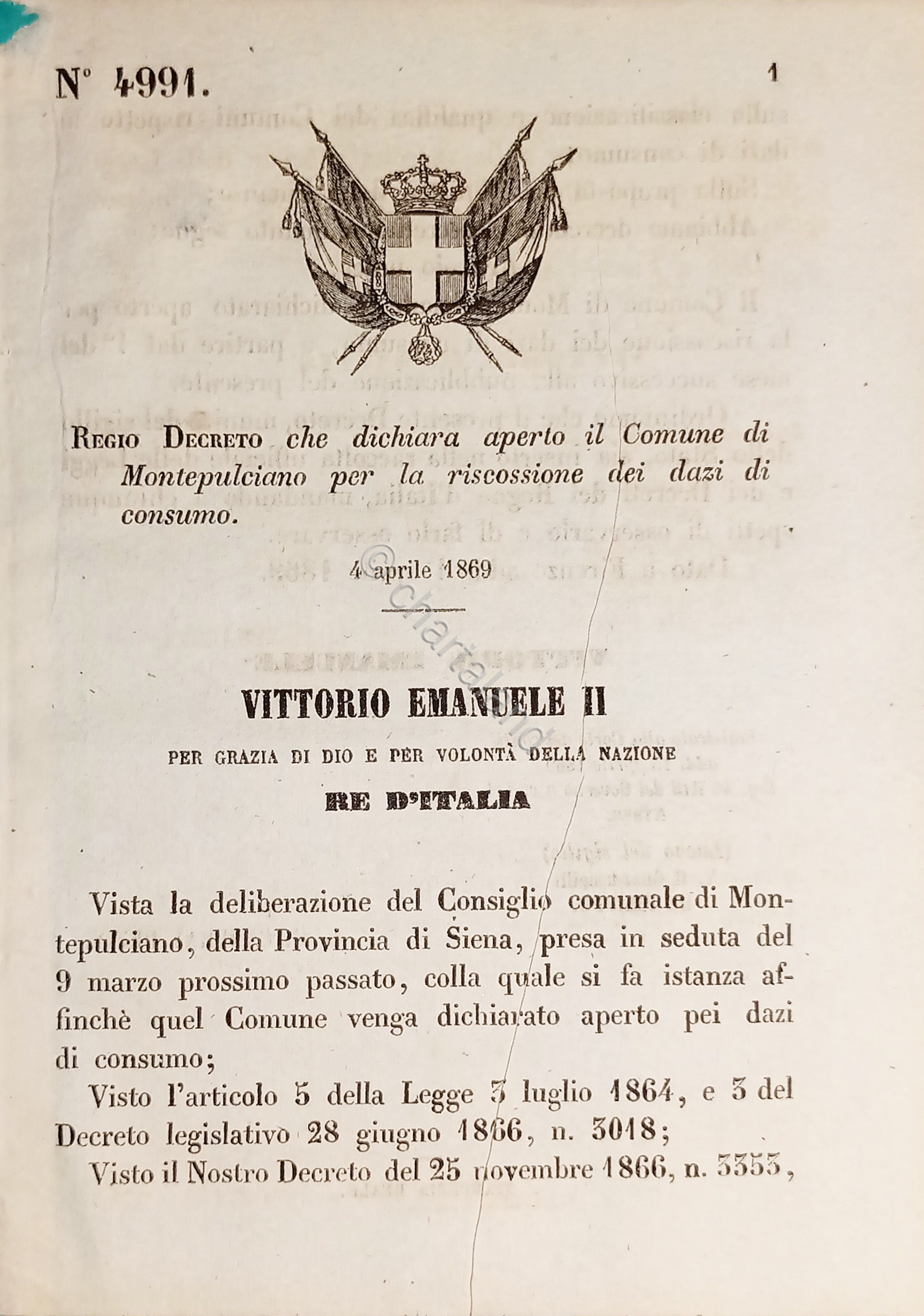Decreto Regno Italia Dichiara aperto Montepulciano riscossione dazi consumo 1869