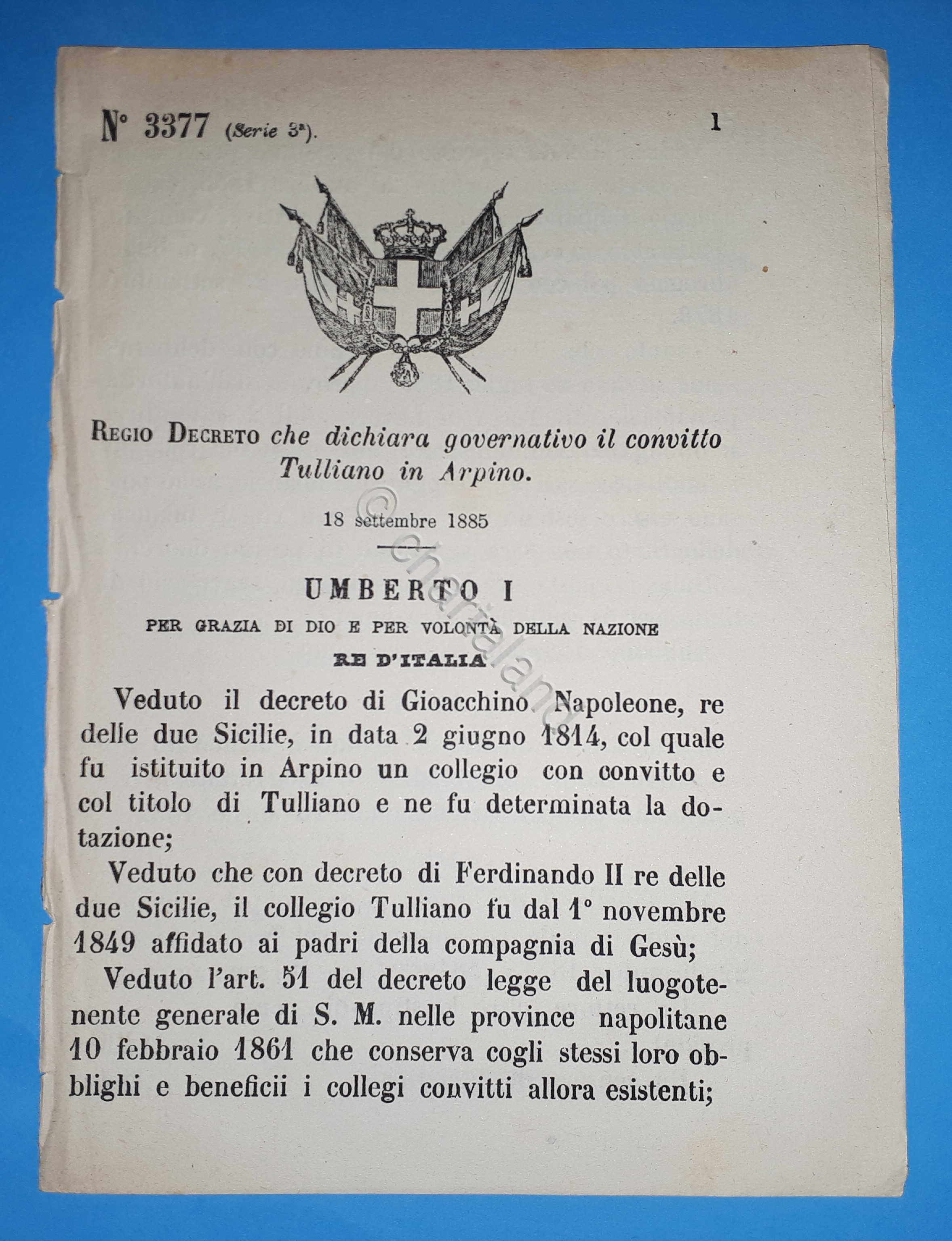 Decreto Regno Italia Dichiarazione governativo convitto Tulliano in Aprino 1885