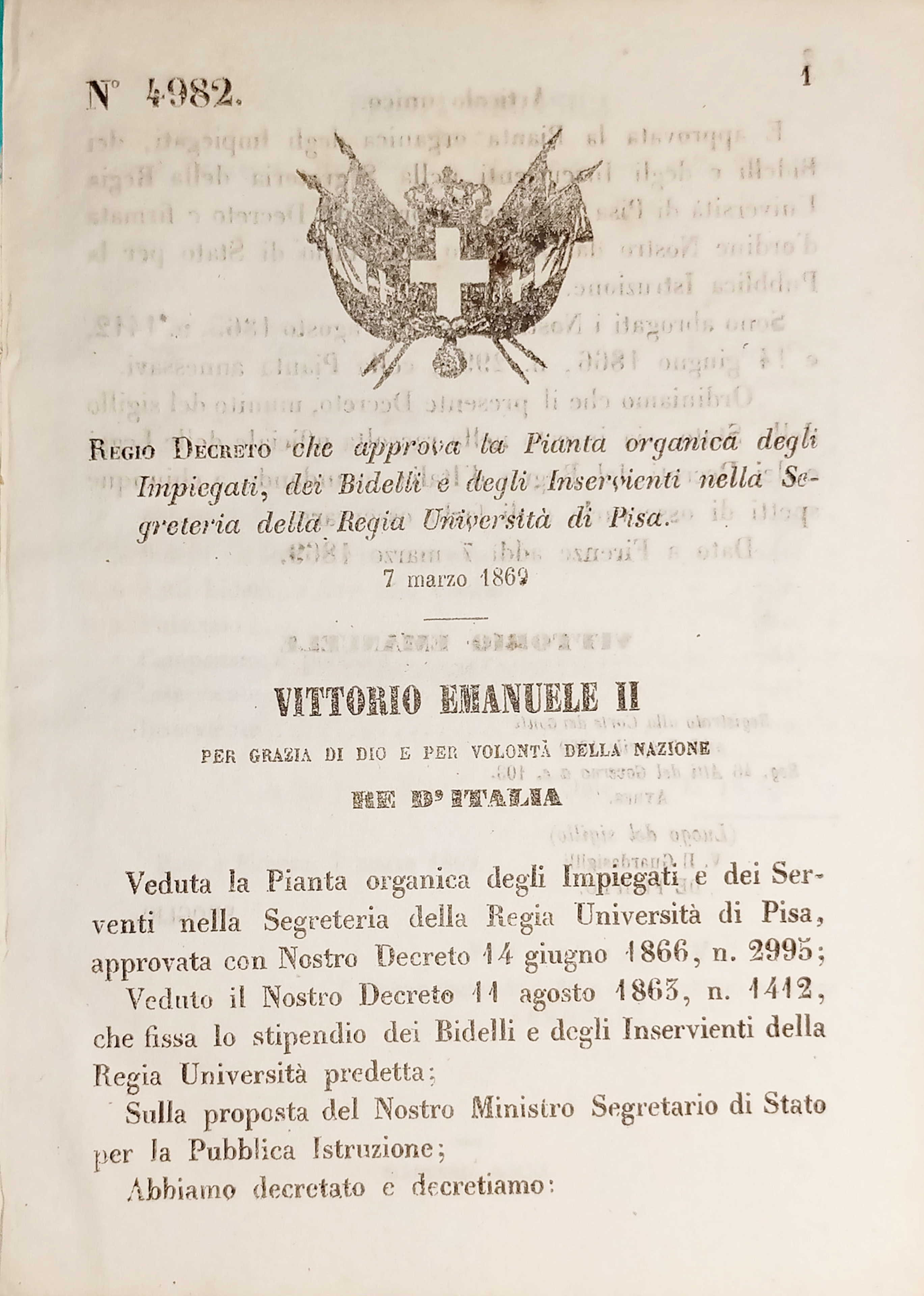 Decreto Regno Italia Impiegati Bidelli Inservienti Regia Università di Pisa …