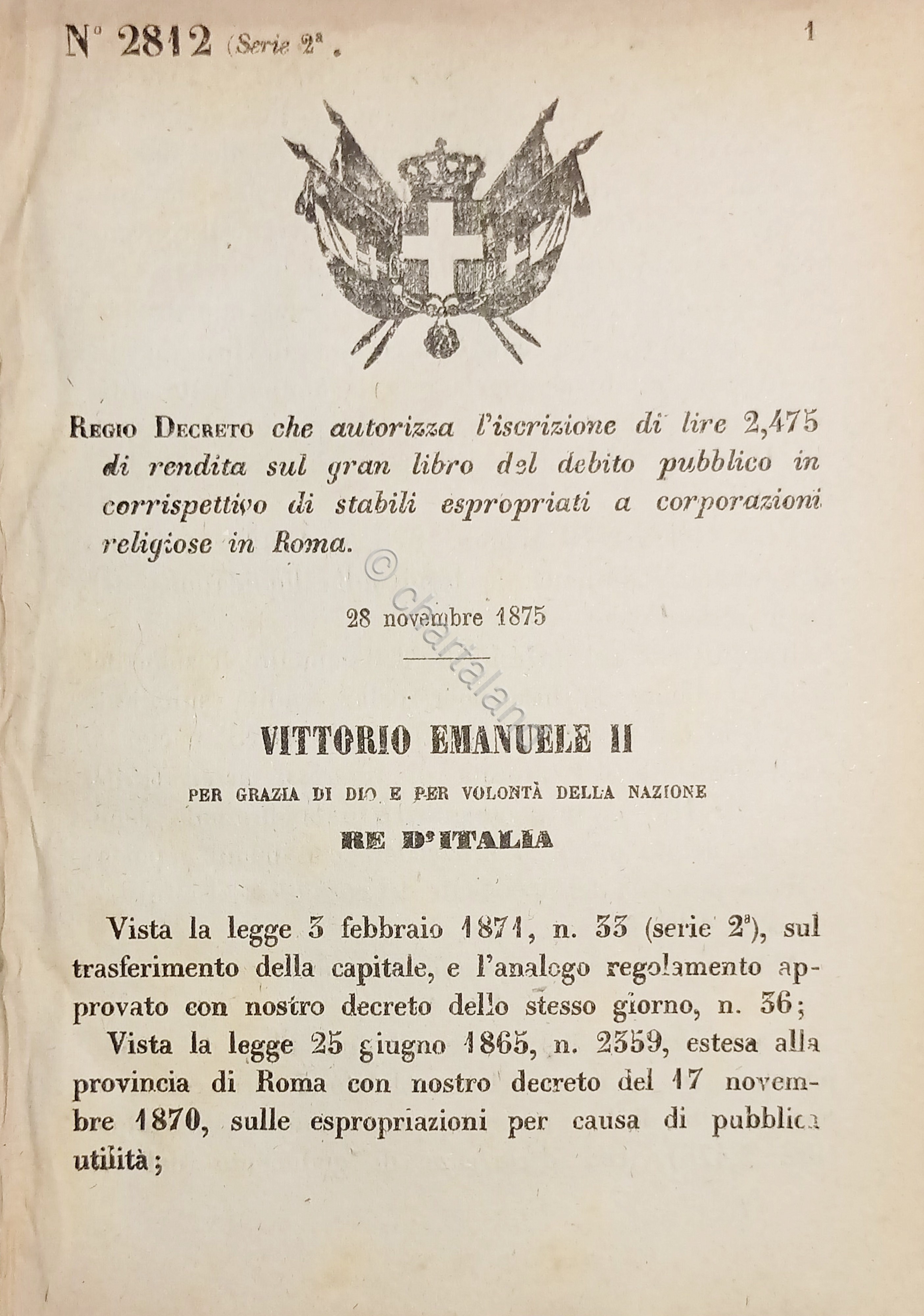 Decreto Regno Italia Iscrizione lire 2.475 rendita debito pubblico in …