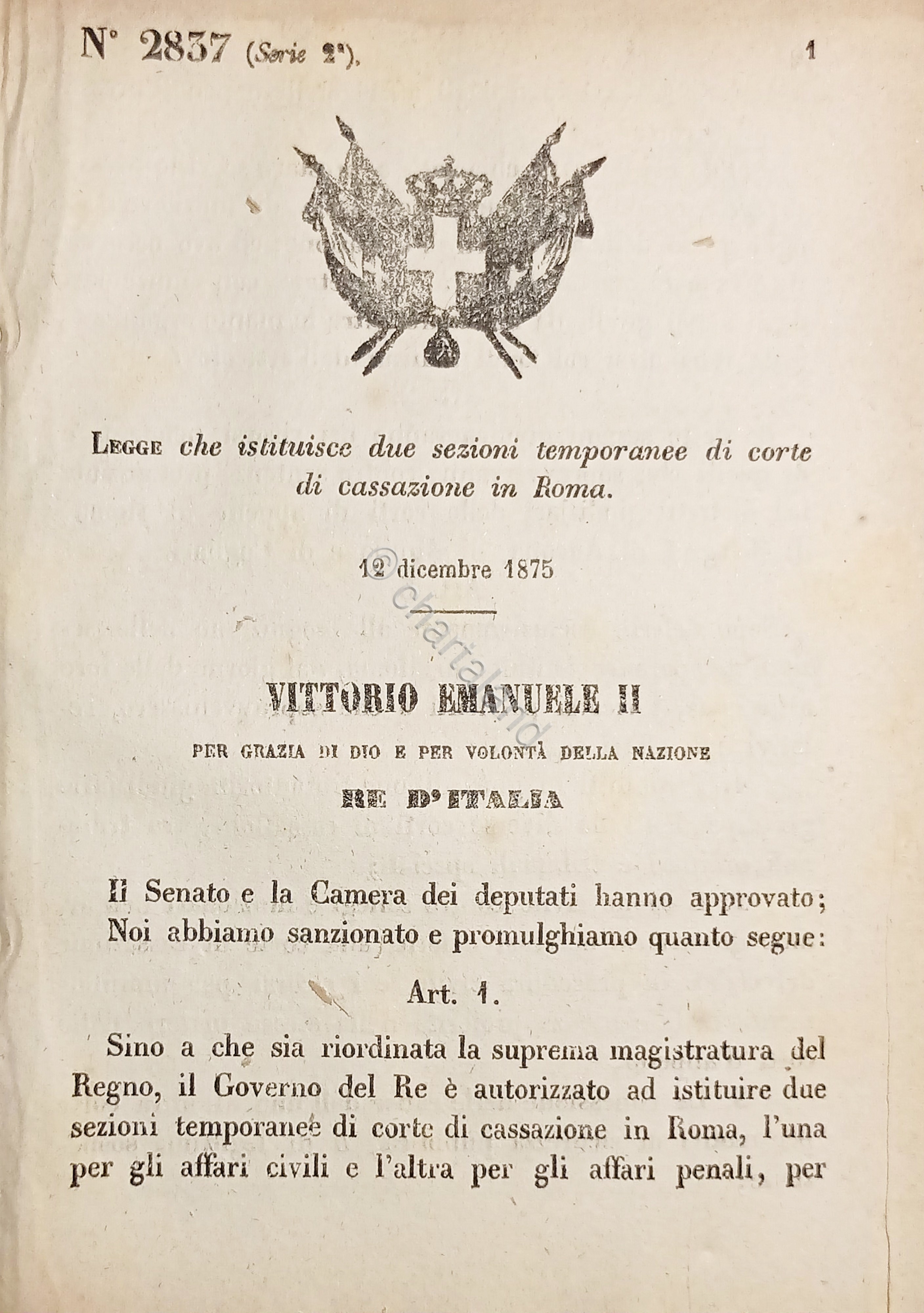 Decreto Regno Italia Istituisce due sezioni di corte di cassazione …