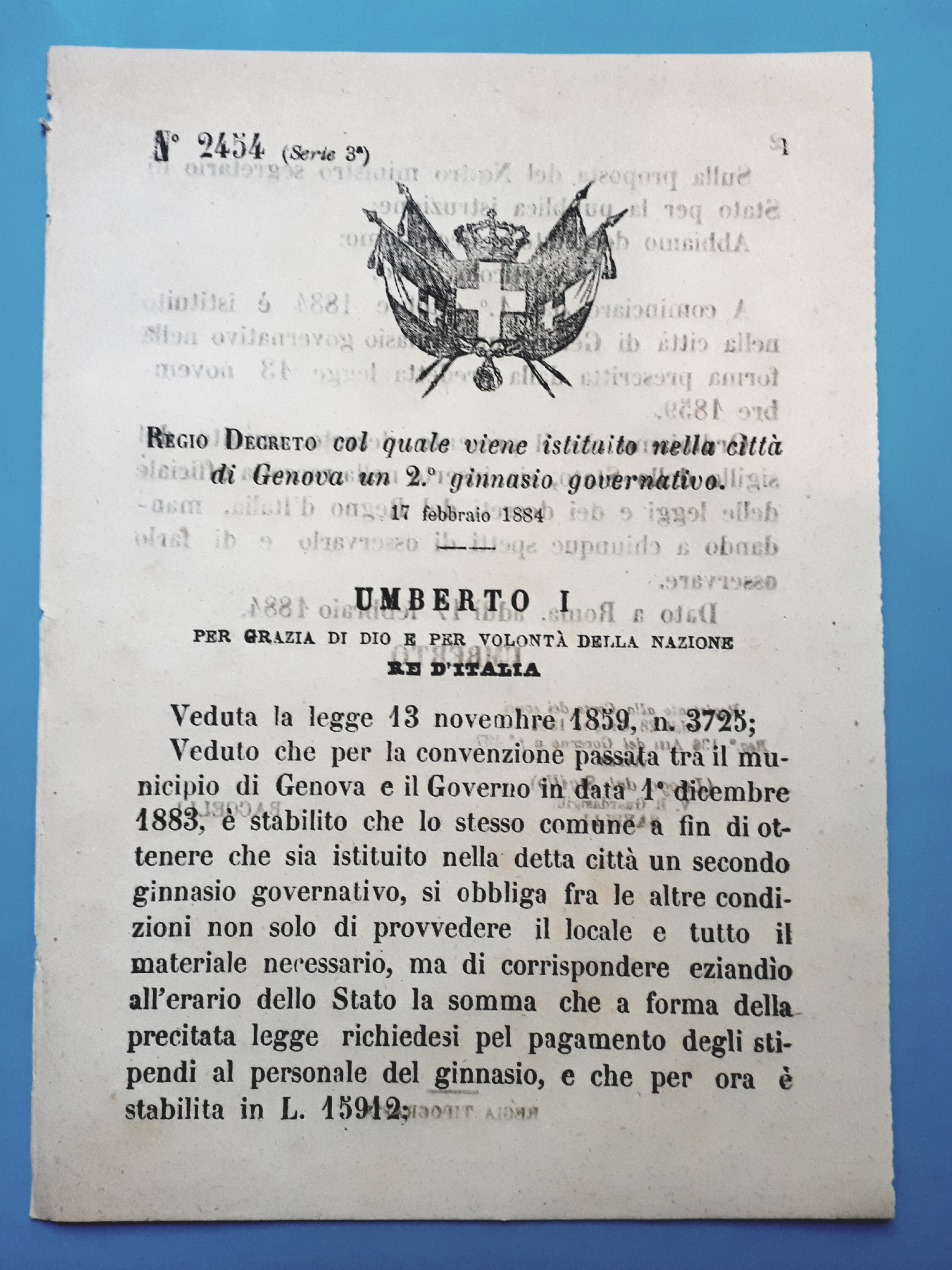 Decreto Regno Italia Istituzione nella città Genova 2^ ginnasio governativo …