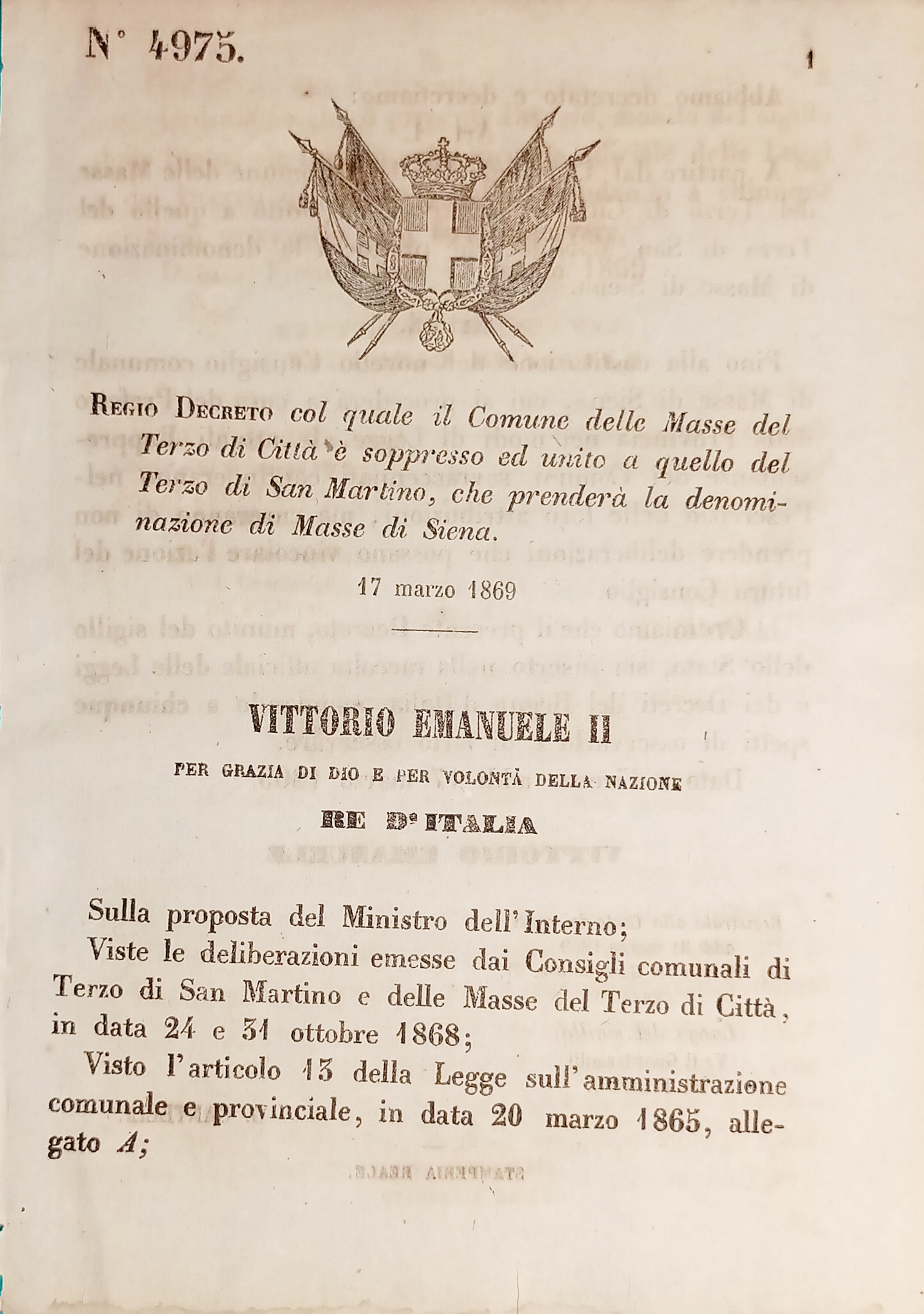 Decreto Regno Italia Masse del Terzo di Città è unito …