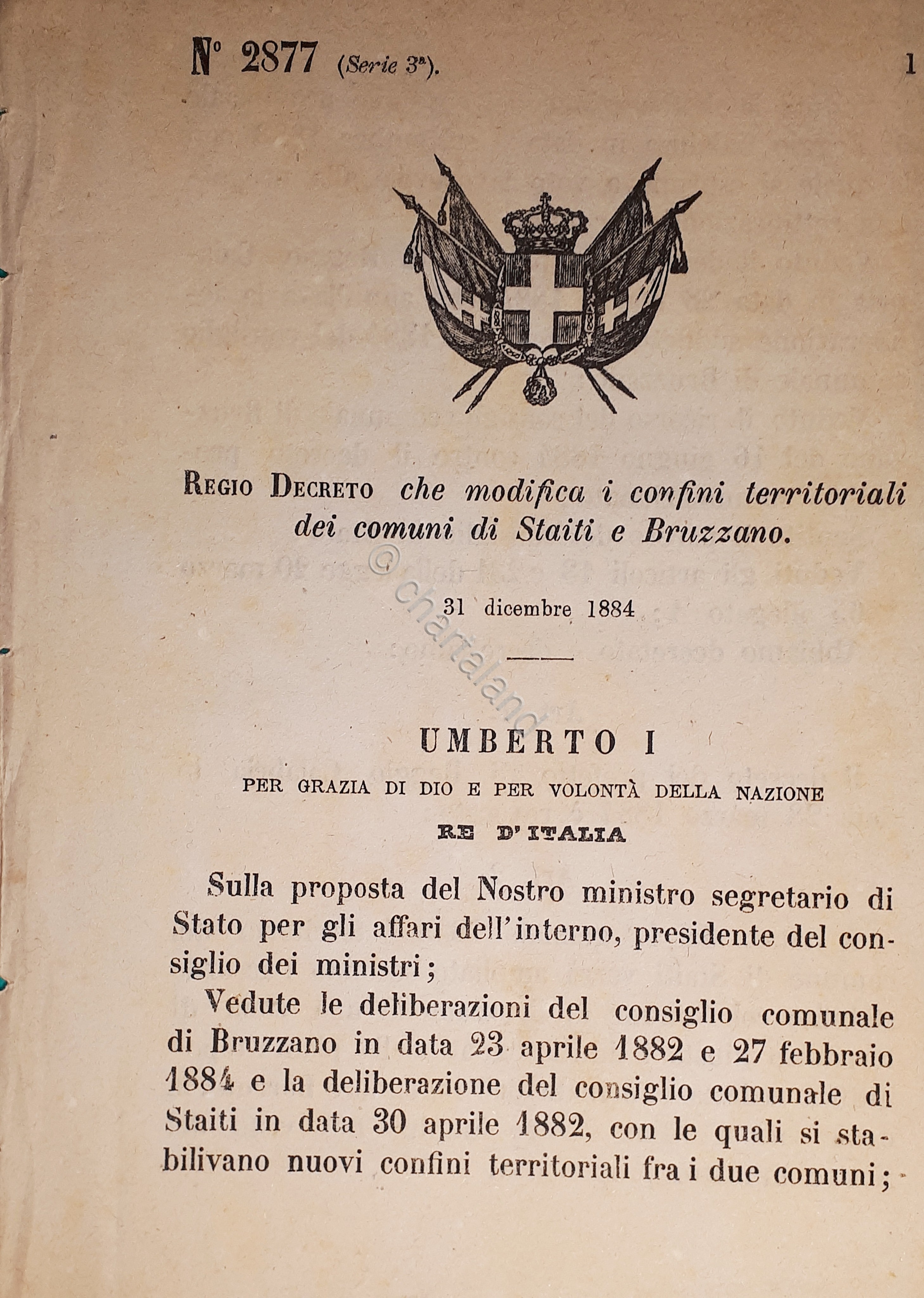 Decreto Regno Italia Modifica confini territoriali comuni Staiti e Bruzzano …
