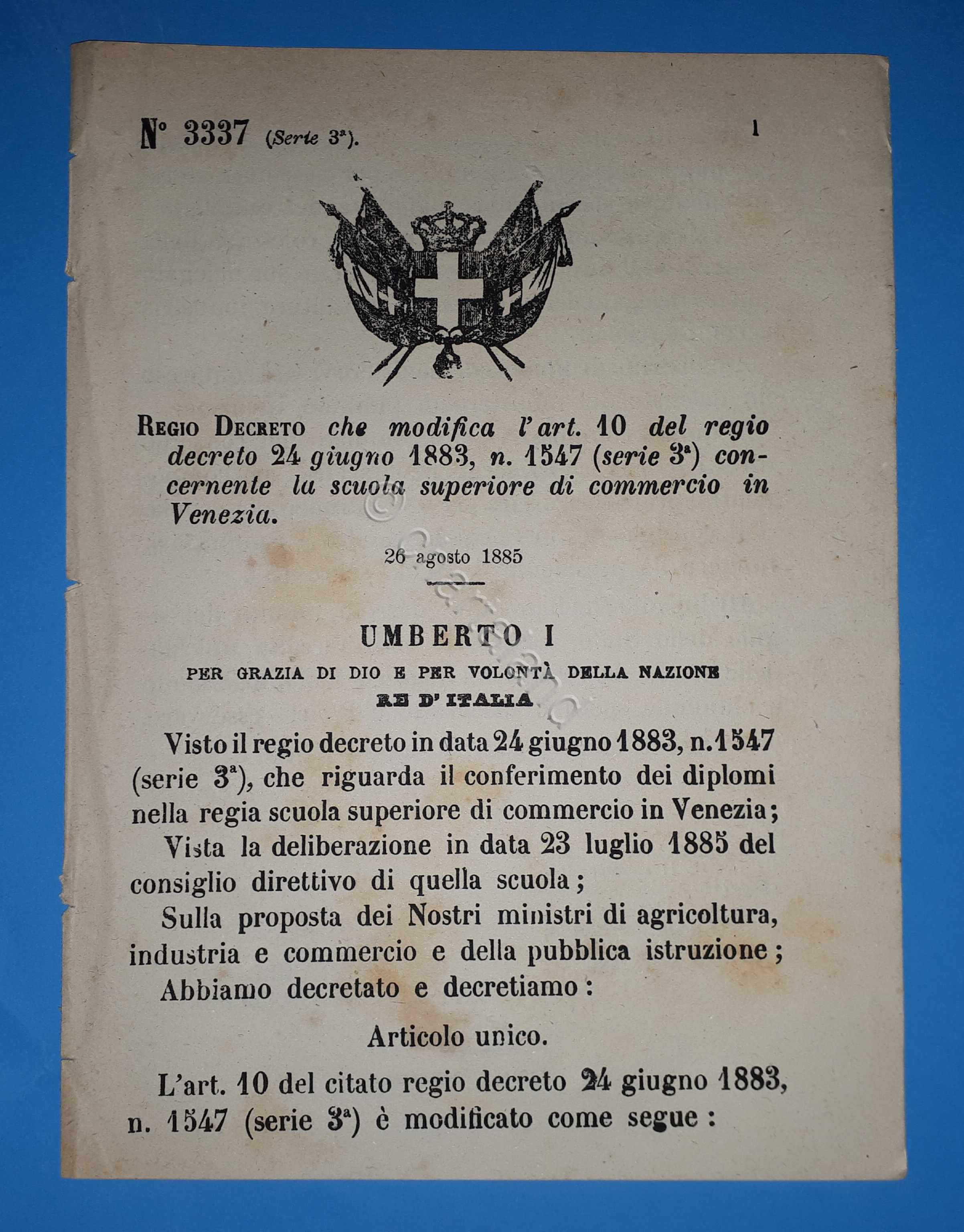 Decreto Regno Italia Modifica decreto concernente scuola commercio Venezia 1885
