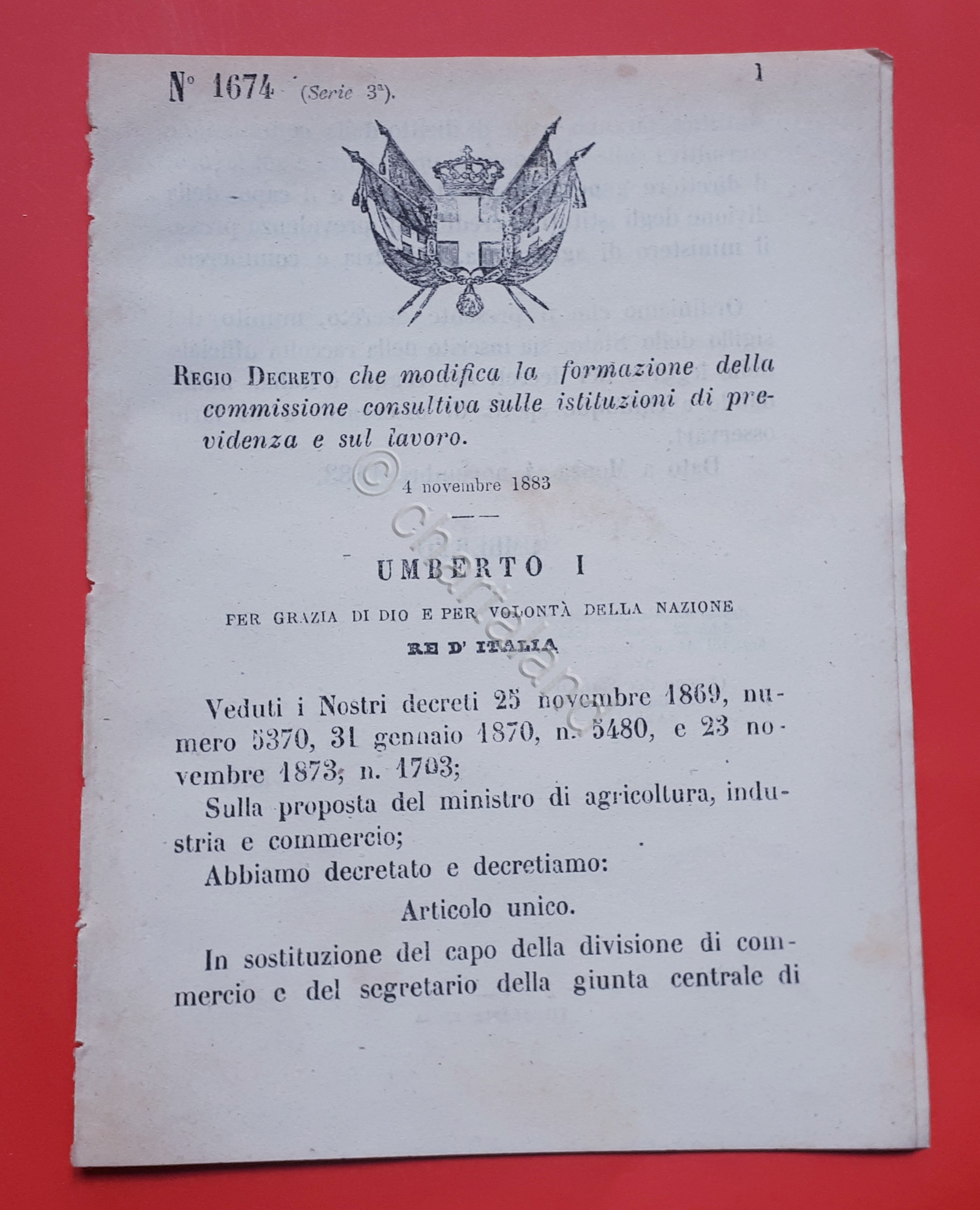 Decreto Regno Italia Modifica formazione commissione consultiva previdenza 1883