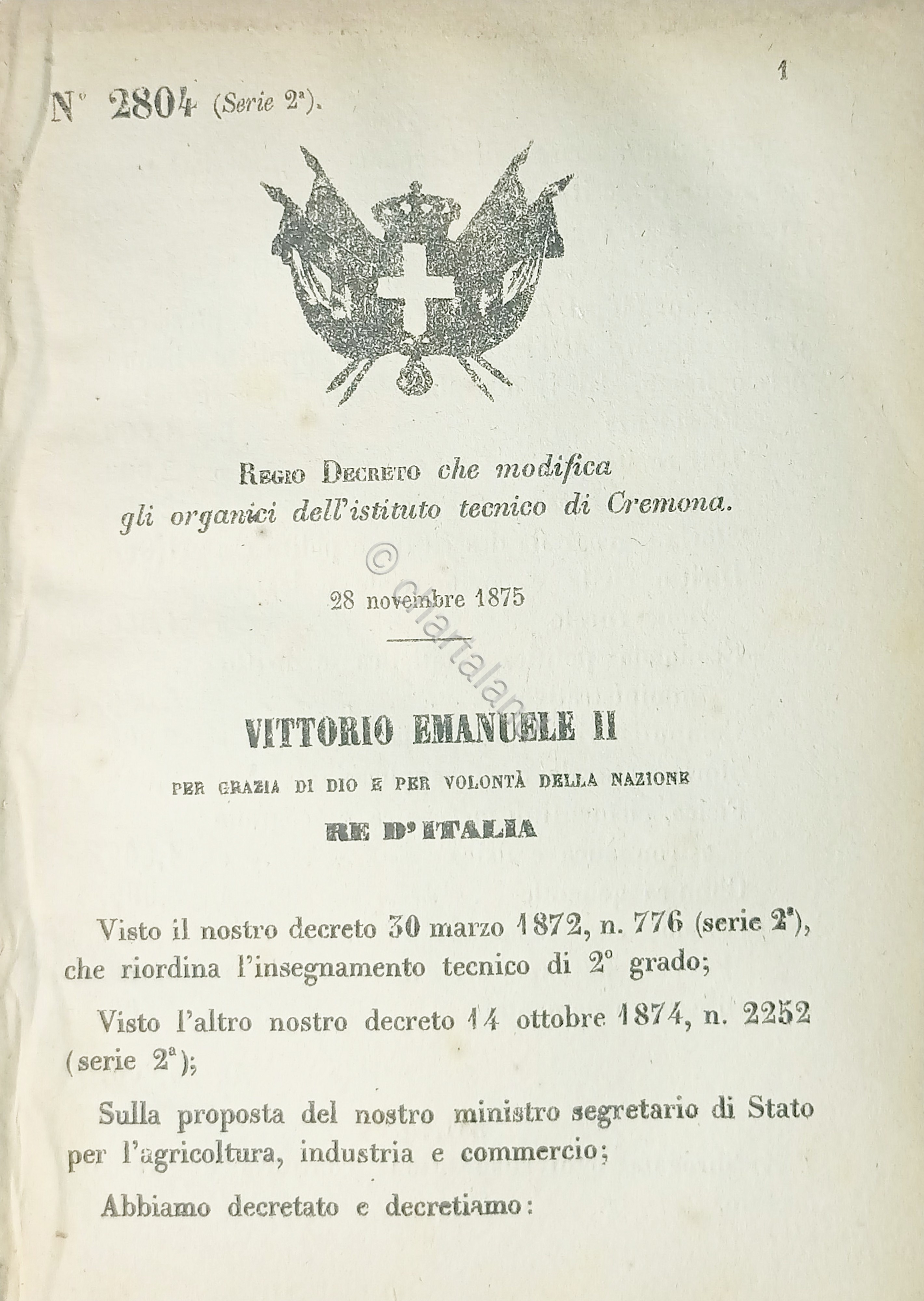 Decreto Regno Italia Modifica gli organici dell'istituto nautico di Cremona …