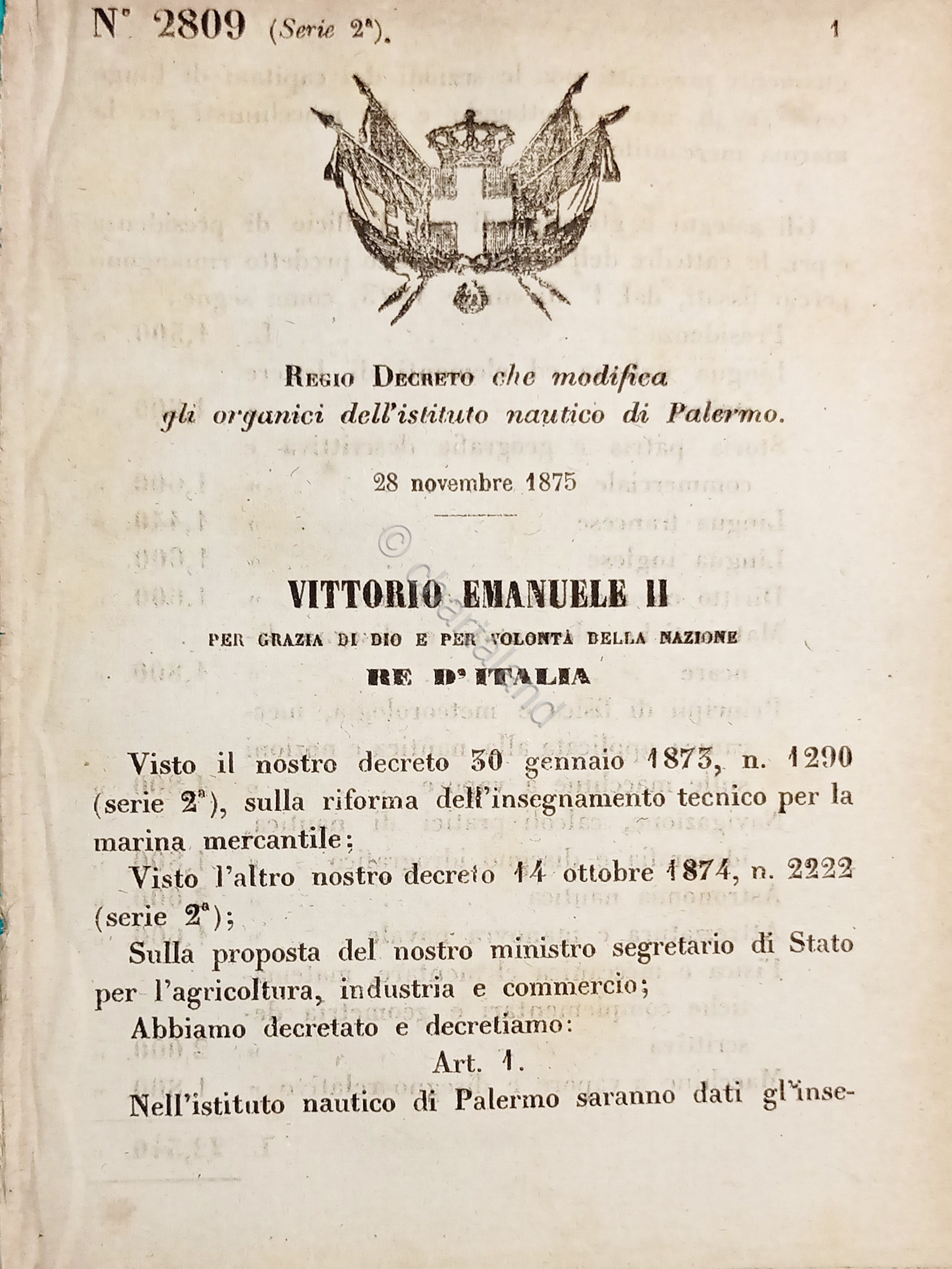 Decreto Regno Italia Modifica gli organici dell'istituto nautico di Palermo …
