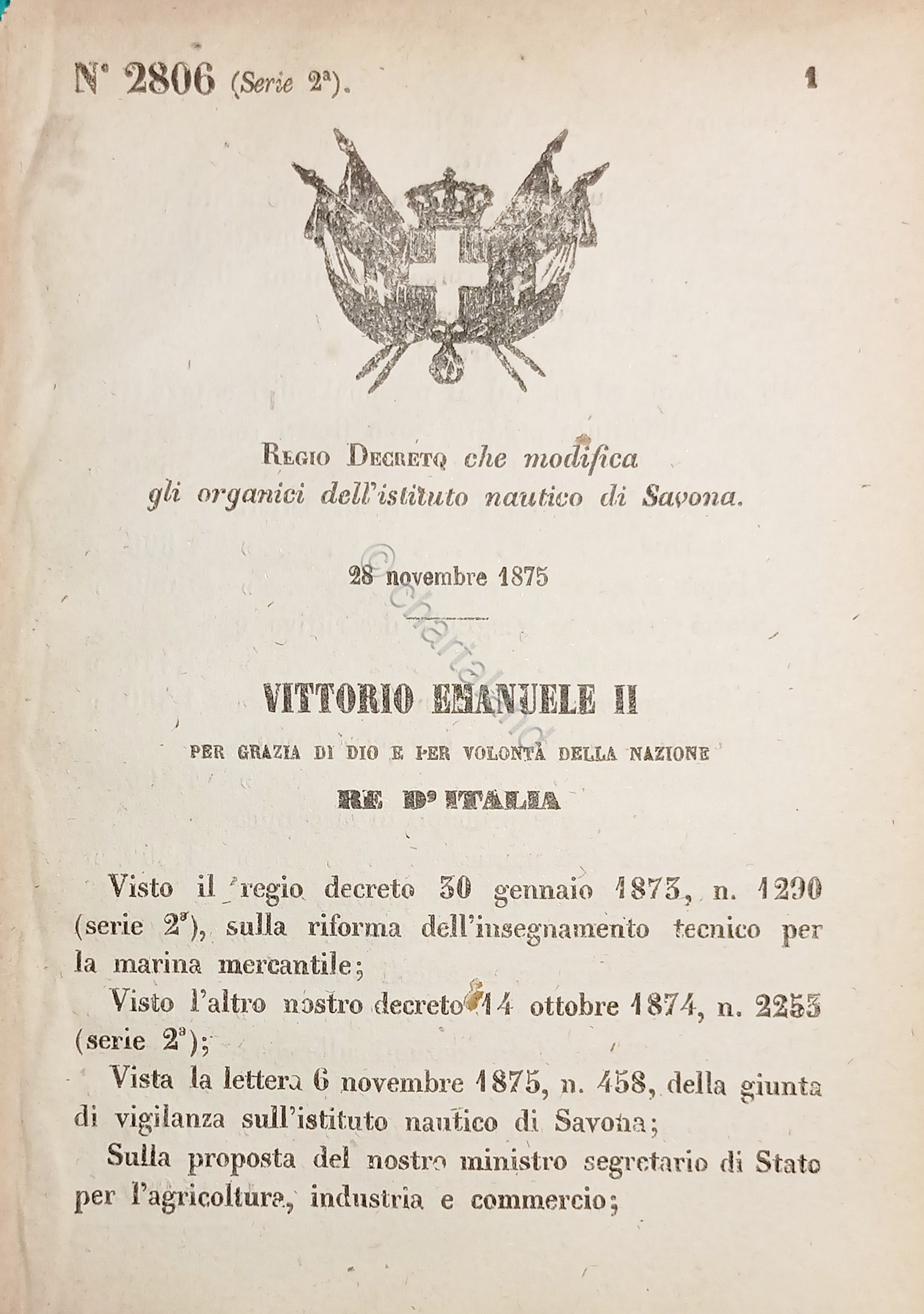 Decreto Regno Italia Modifica gli organici dell'istituto nautico di Savona …