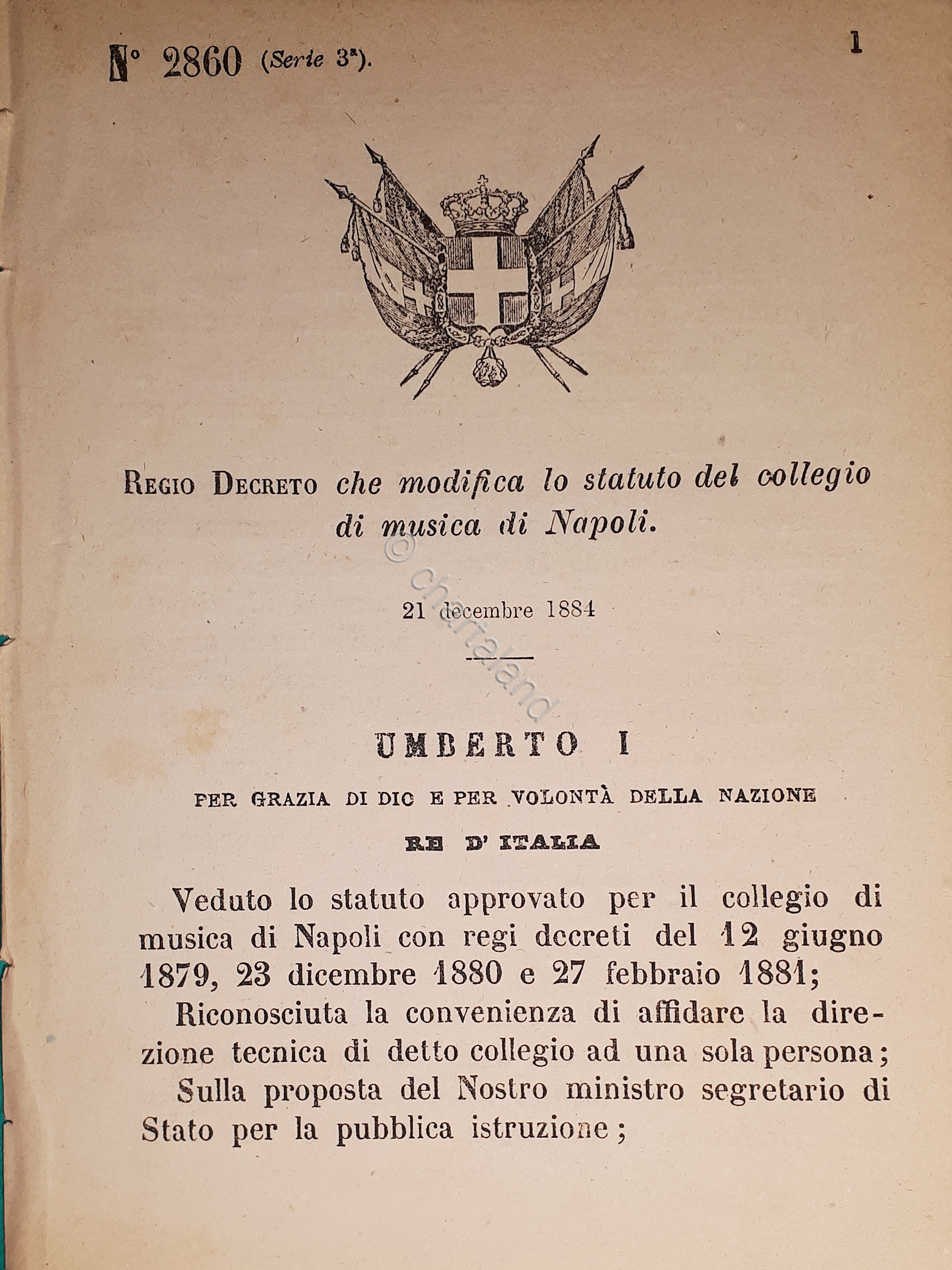 Decreto Regno Italia Modifica lo statuto del collegio di musica …