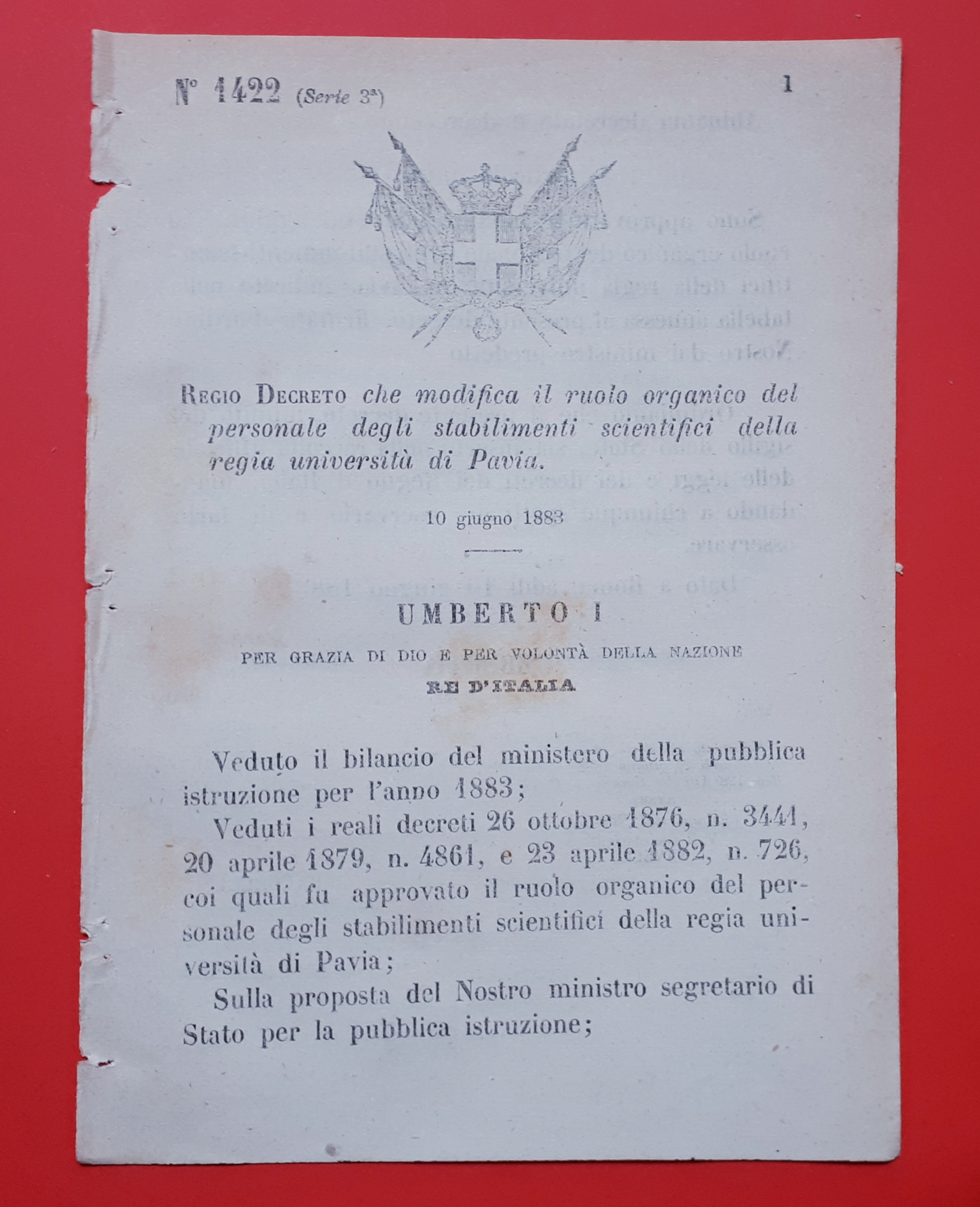 Decreto Regno Italia Modifica ruolo organico regia università di Pavia …