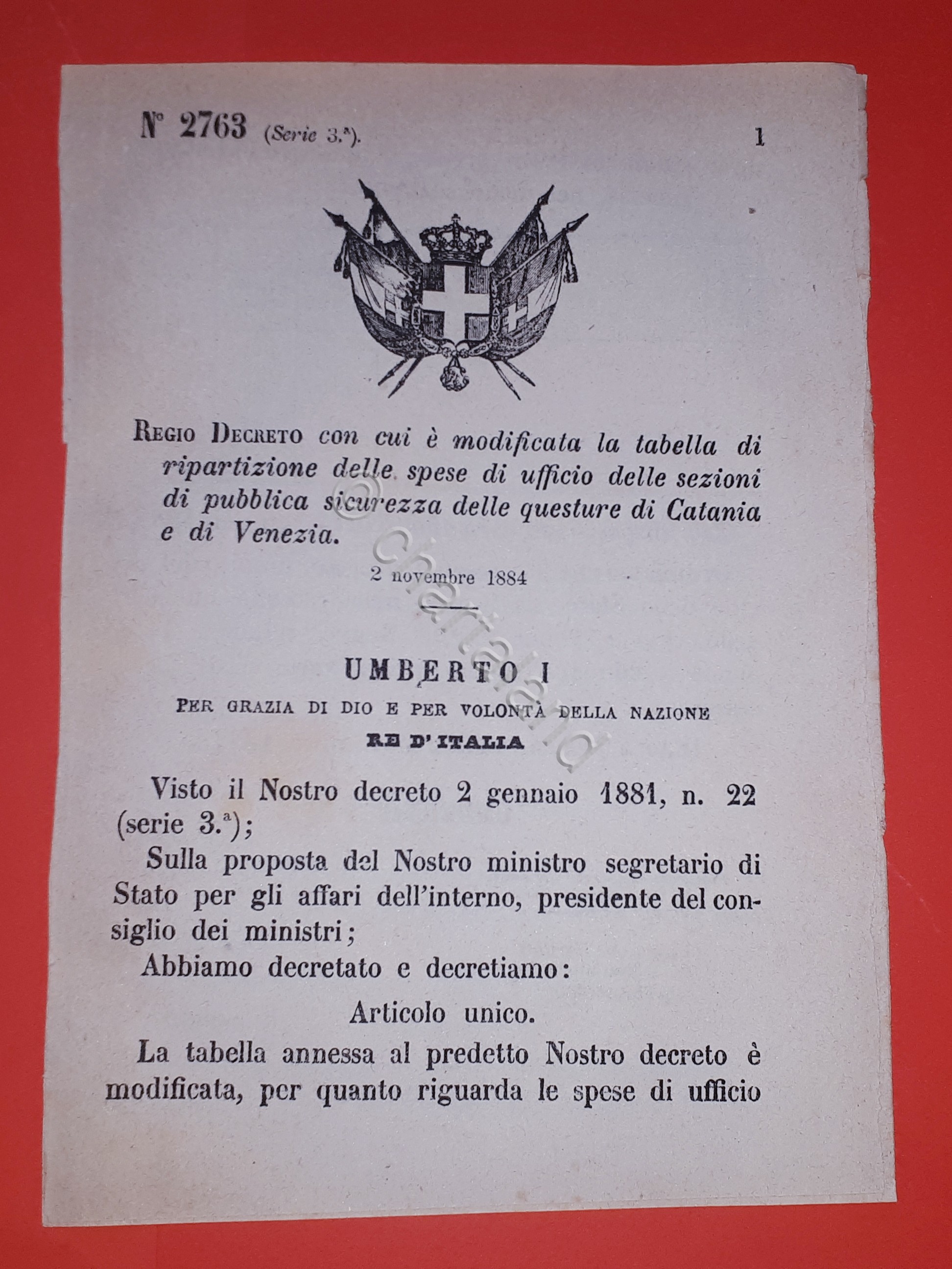Decreto Regno Italia Modifica spese sicurezza questure Catania Venezia 1884