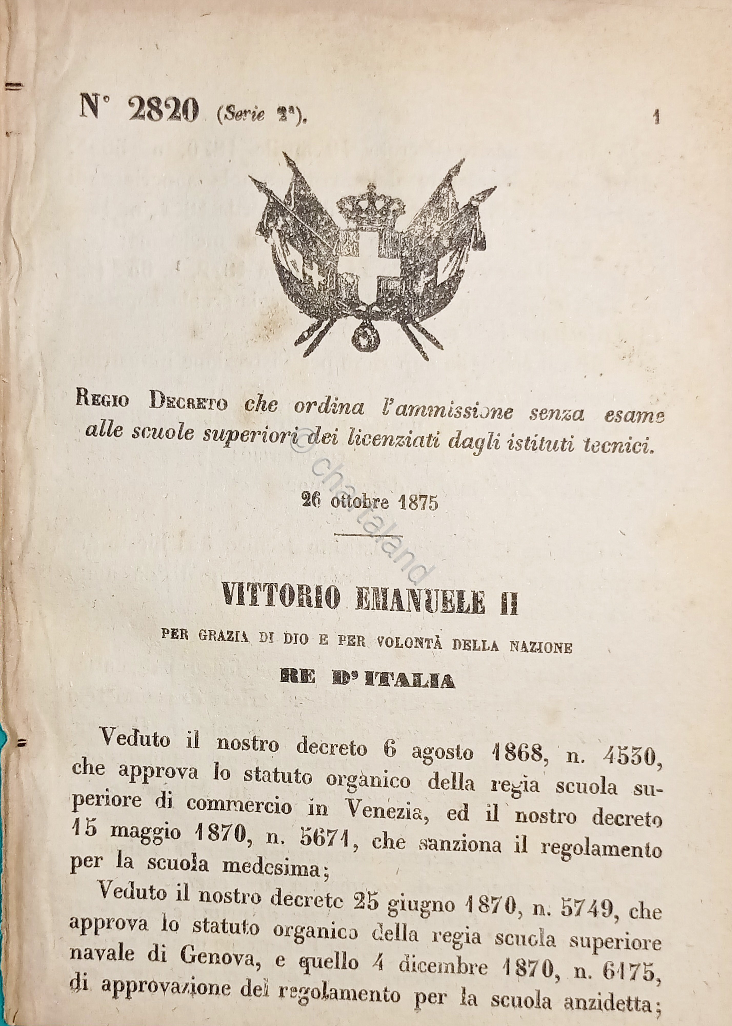 Decreto Regno Italia Ordina l'ammissione senza esame alle scuole superiori …