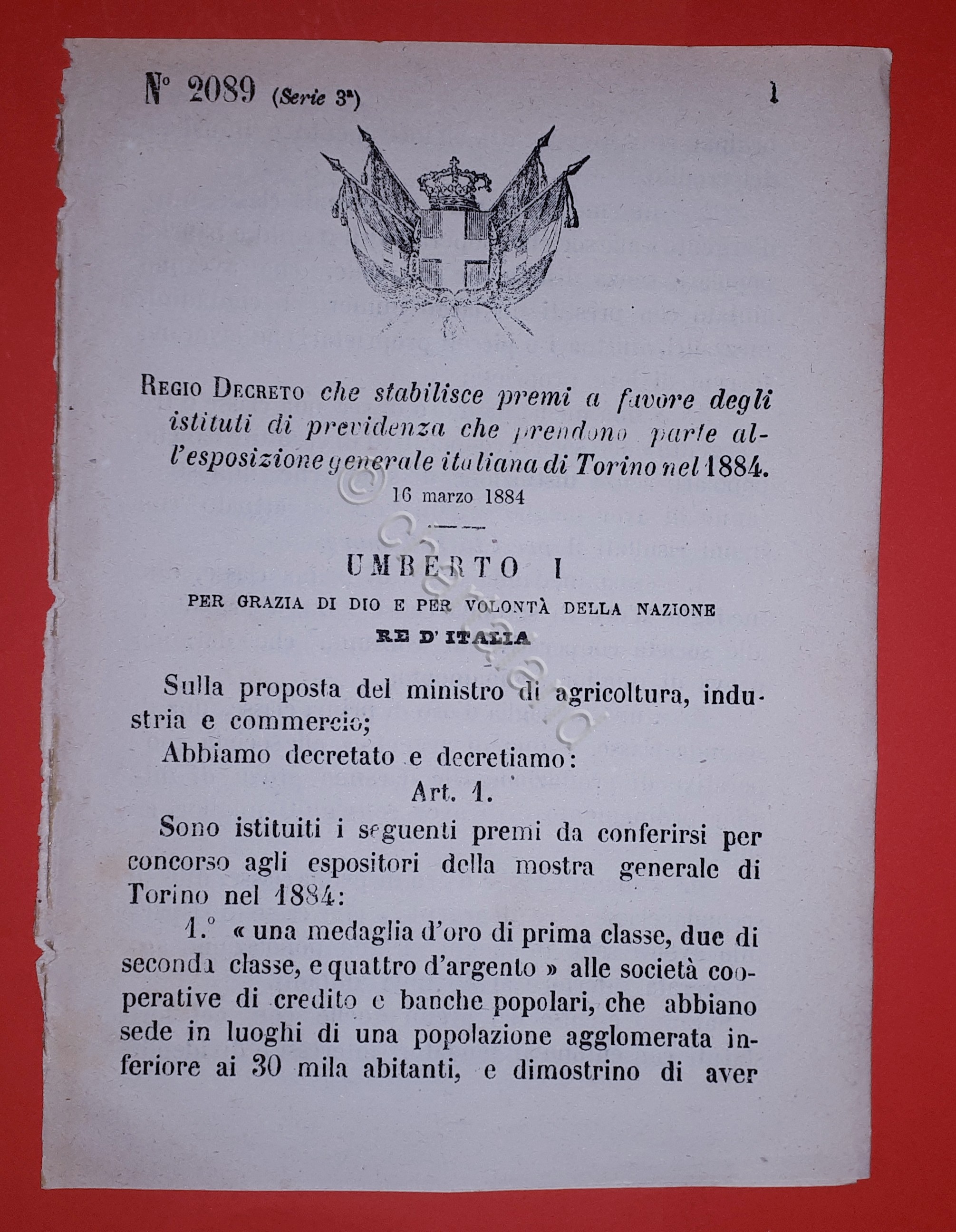 Decreto Regno Italia Premi istituti di previdenza per esposizione Torino …