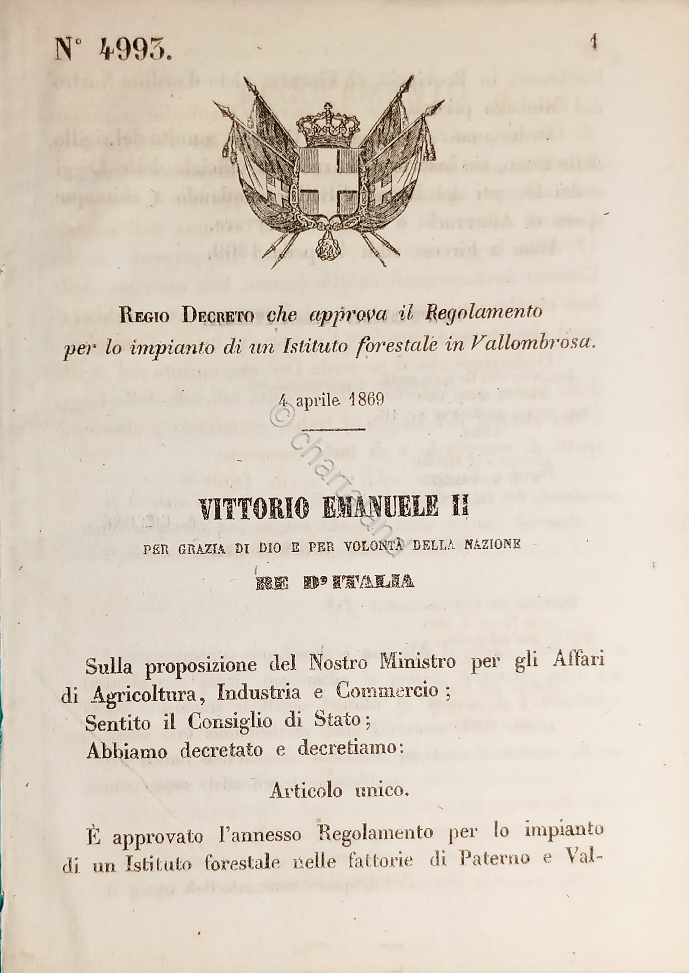 Decreto Regno Italia Regolamento impianto Istituto forestale in Vallombrosa 1869