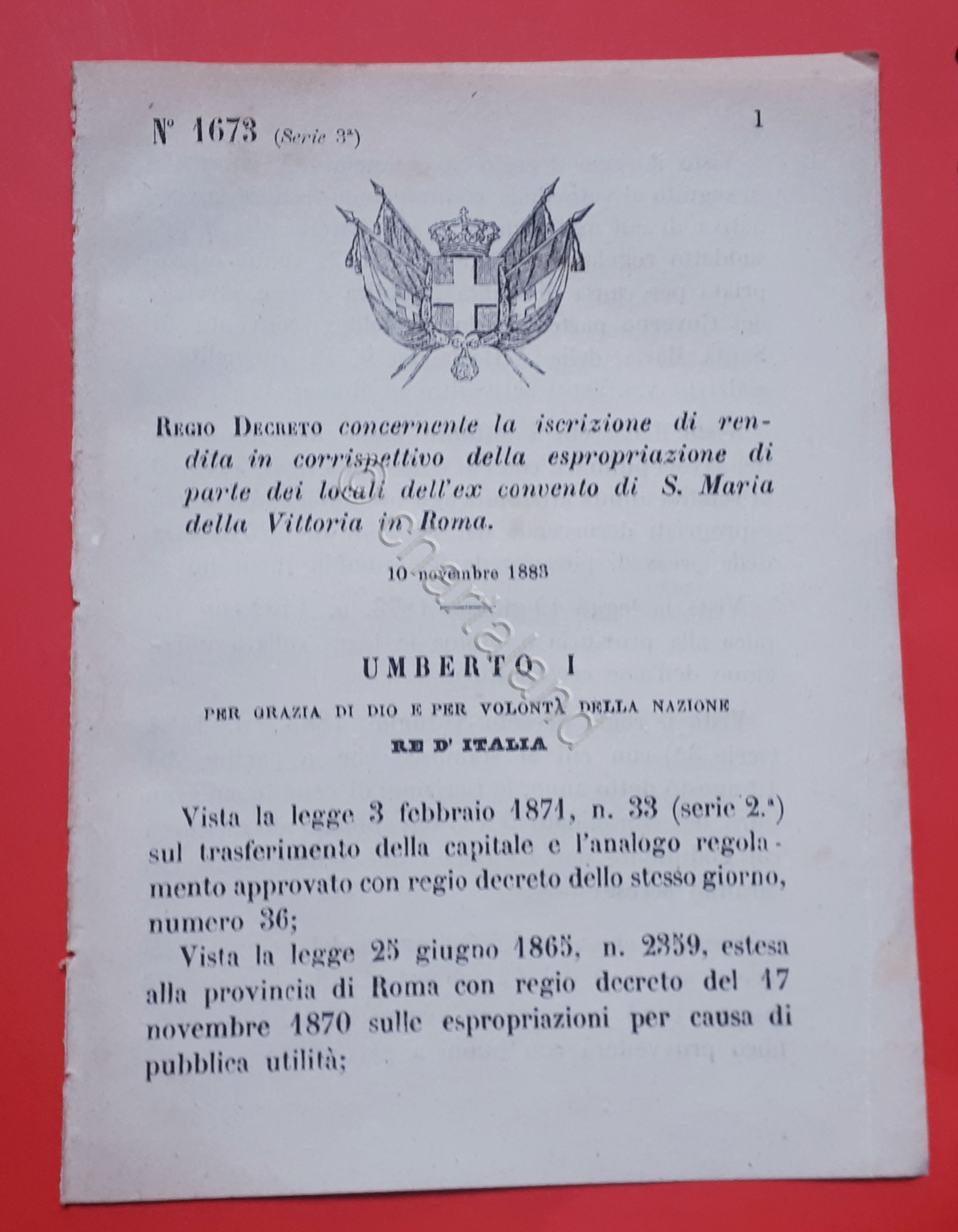 Decreto Regno Italia Rendita in corrispettivo espropriazione convento Roma 1883